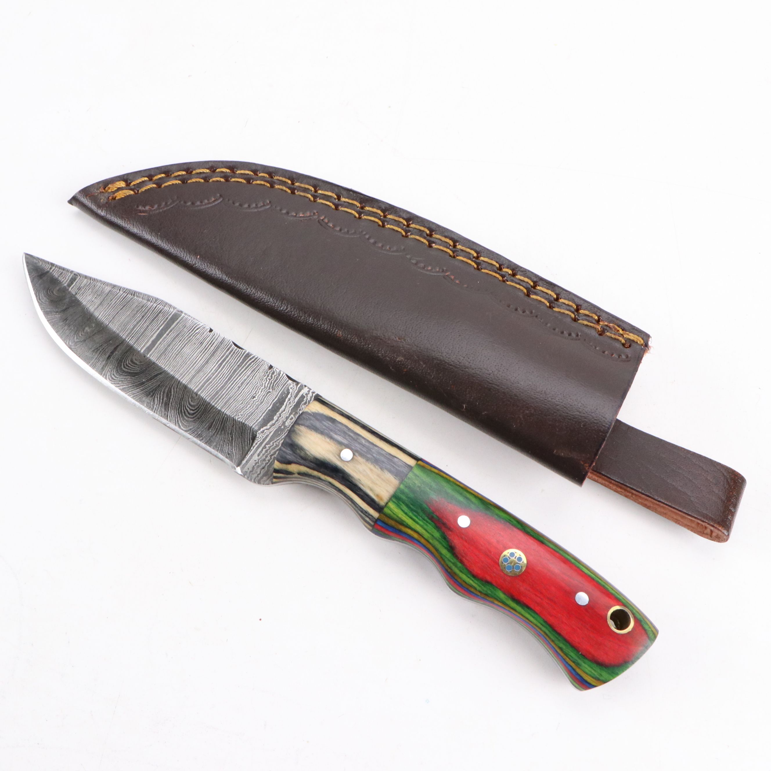 Damascus Steel Fixed Blade Knives with Leather Covers