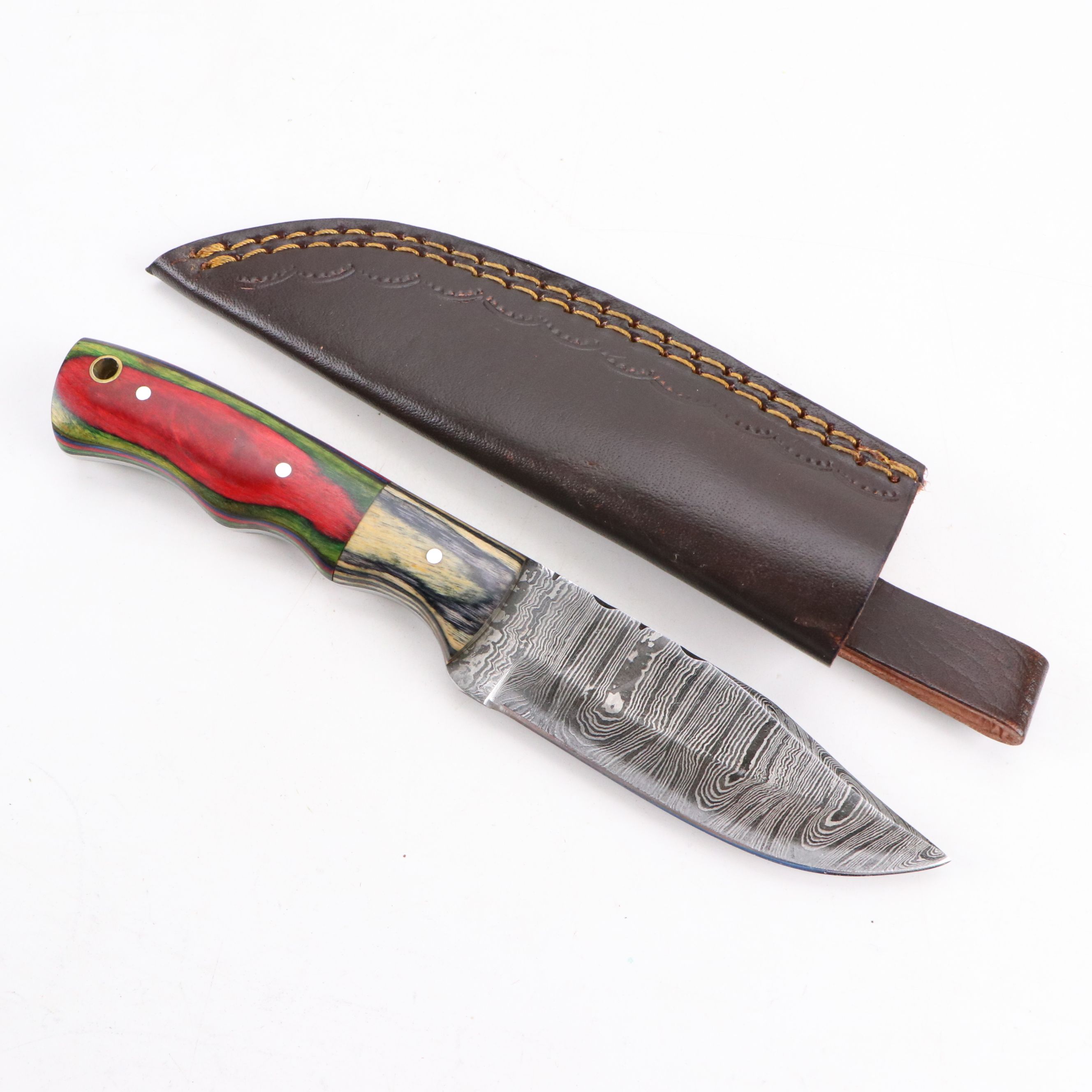 Damascus Steel Fixed Blade Knives with Leather Covers