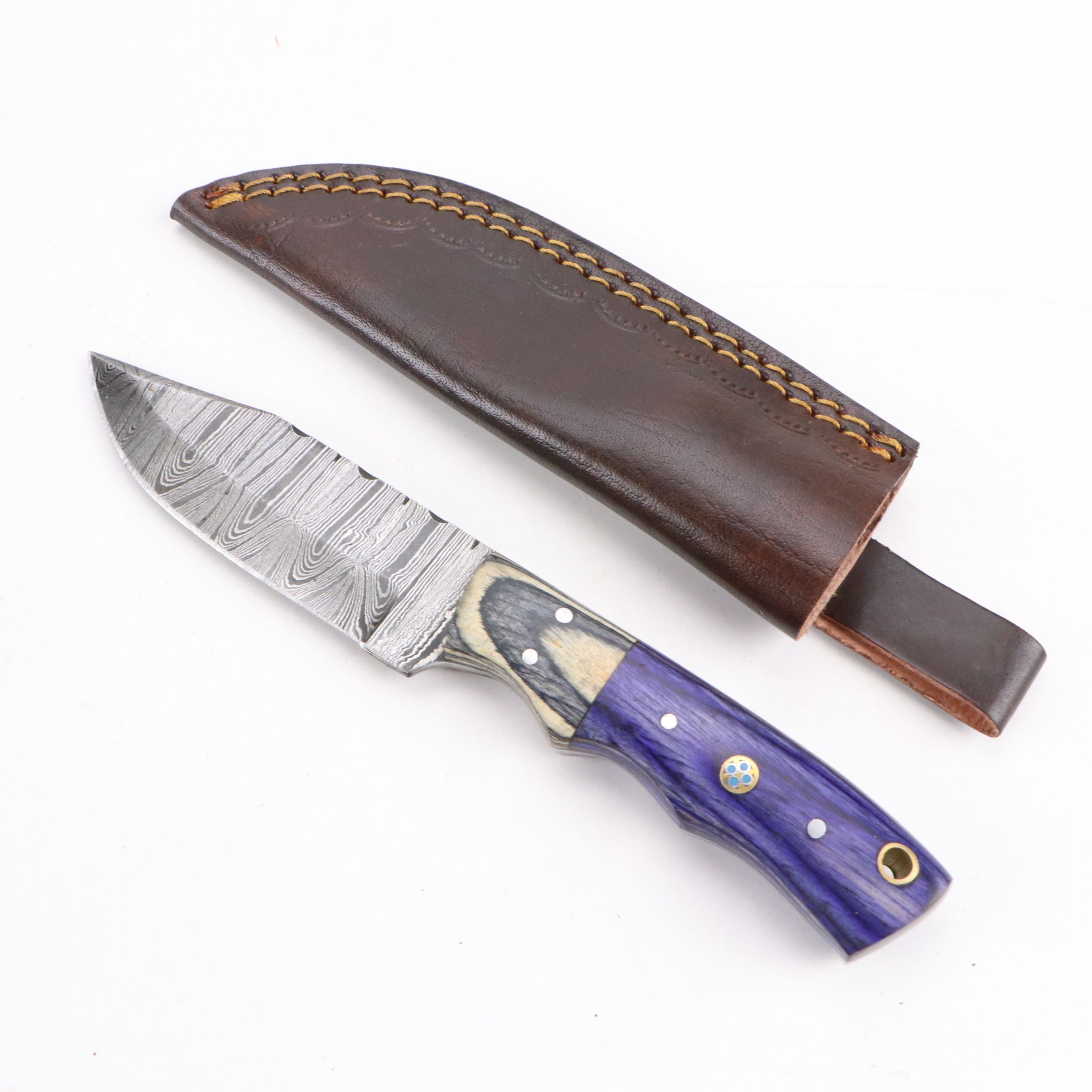 Damascus Steel Fixed Blade Knives with Leather Covers