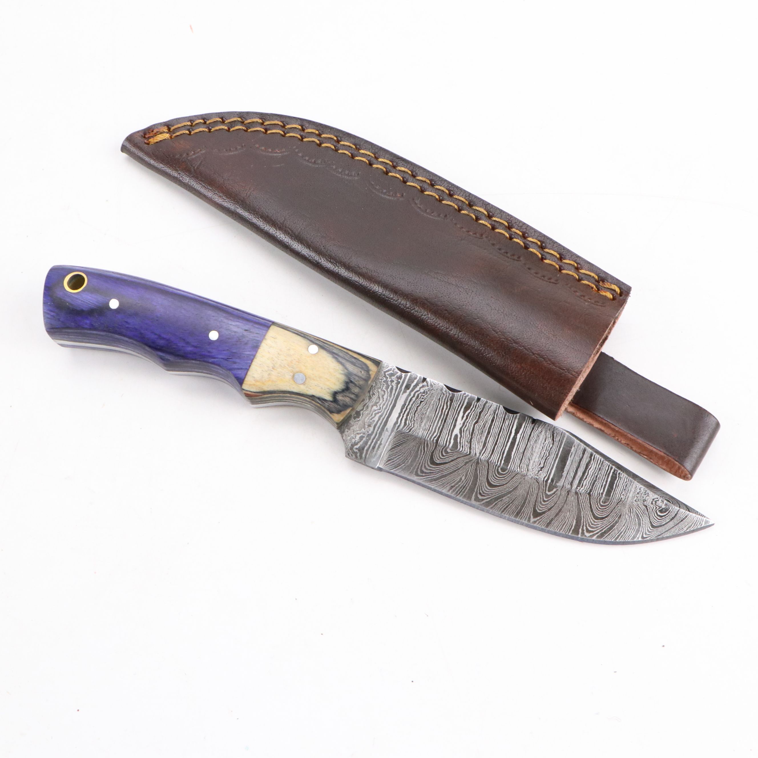 Damascus Steel Fixed Blade Knives with Leather Covers