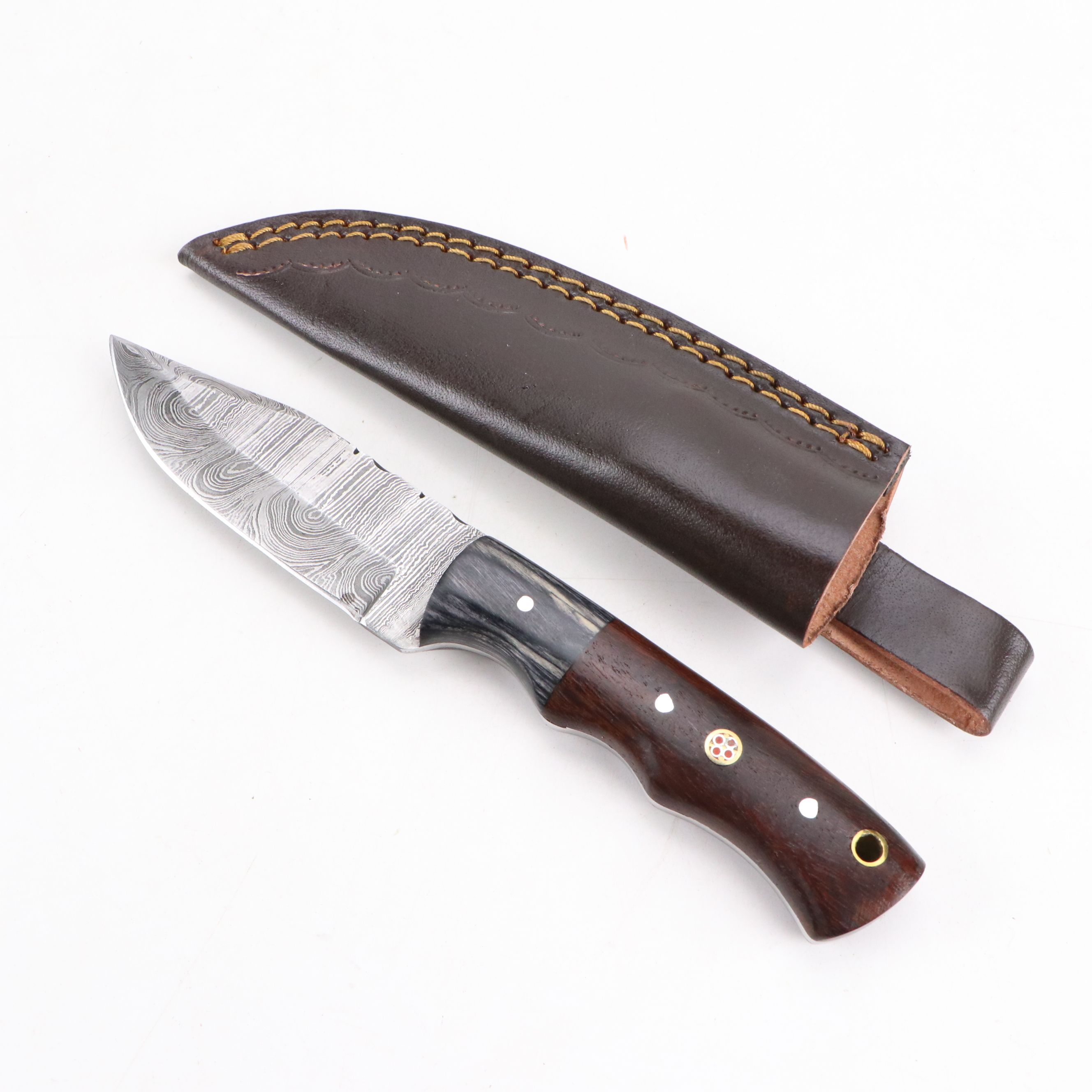 Damascus Steel Fixed Blade Knives with Leather Covers