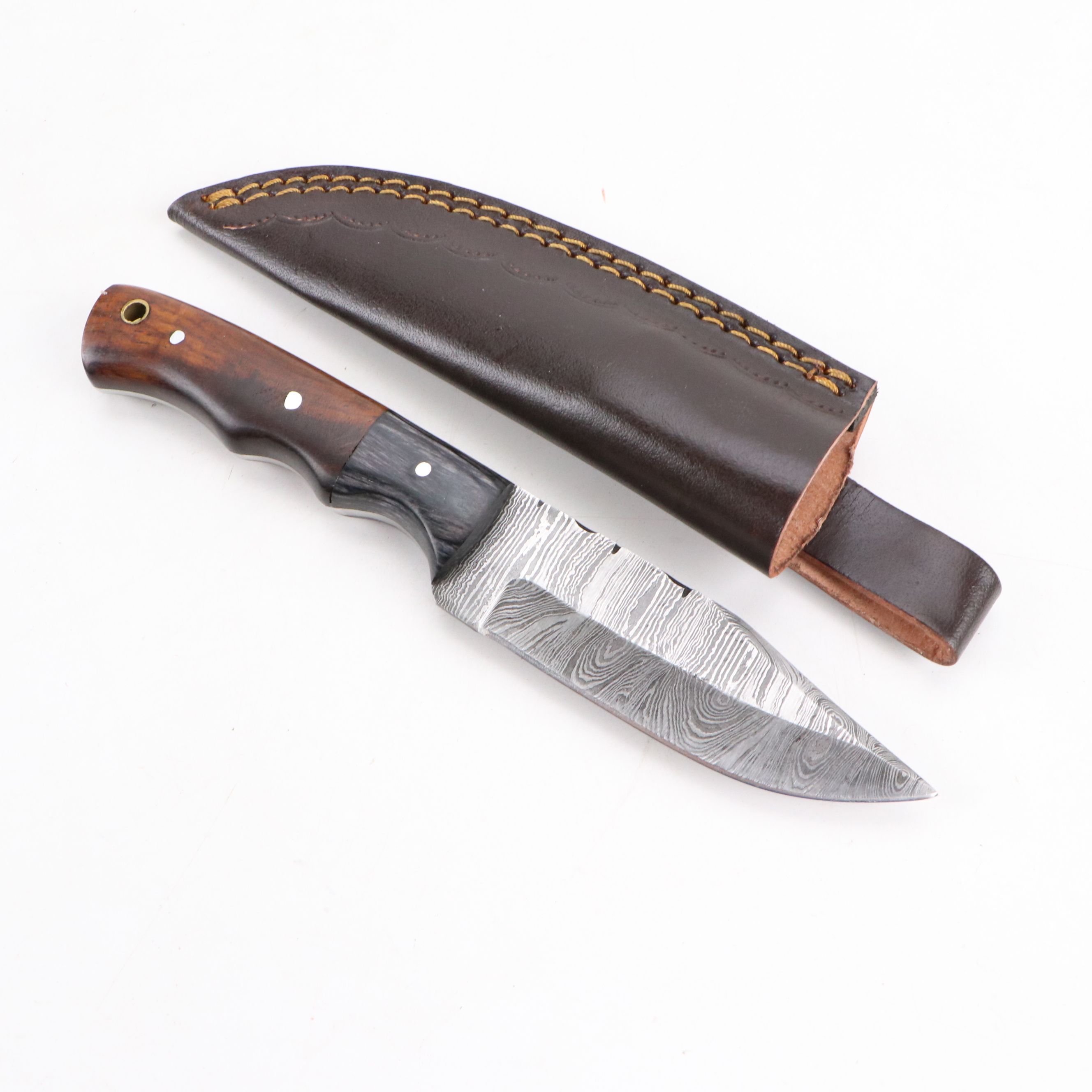 Damascus Steel Fixed Blade Knives with Leather Covers