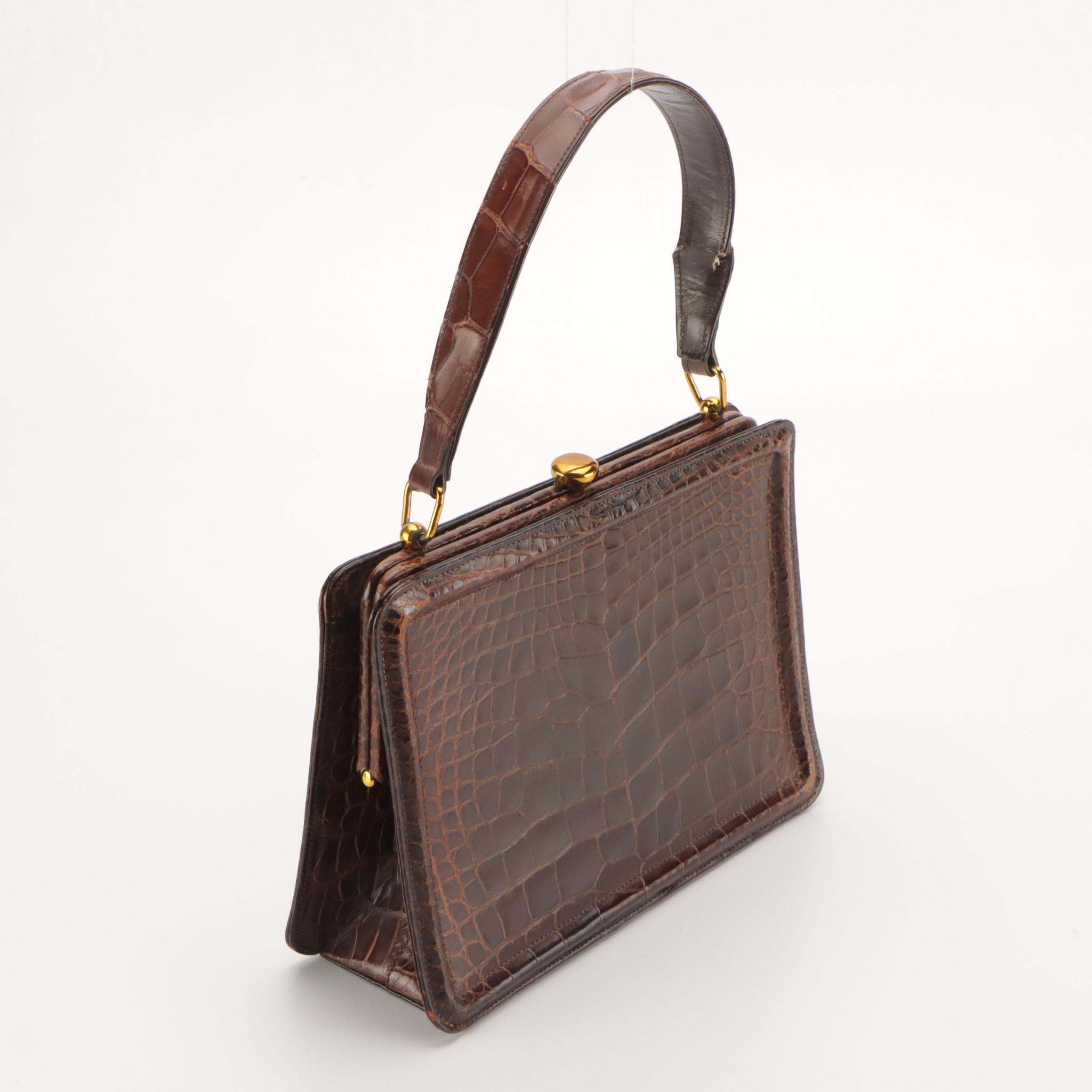 Structured Handbag in Red Brown Glossy Alligator Skin Leather, Mid-20th Century