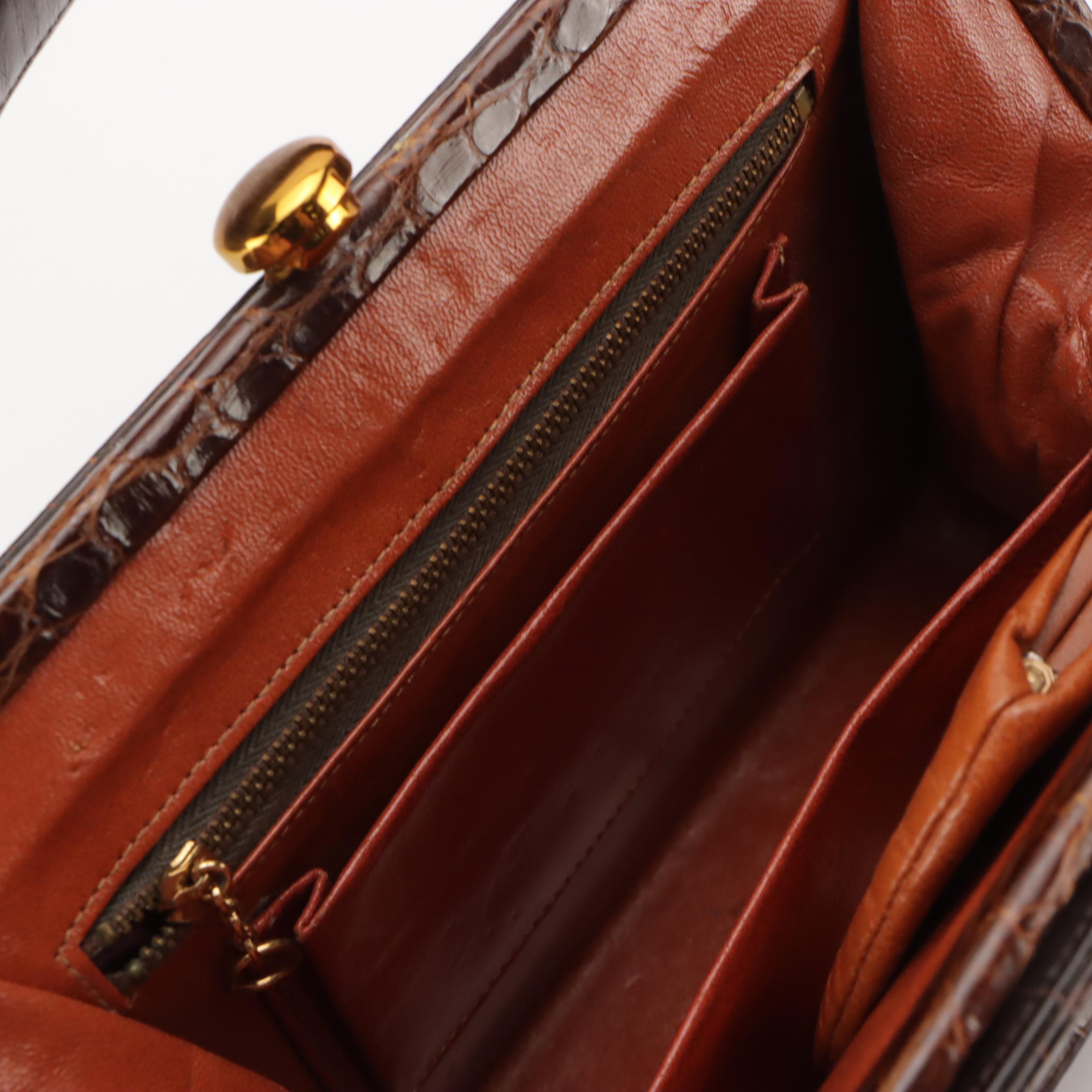 Structured Handbag in Red Brown Glossy Alligator Skin Leather, Mid-20th Century