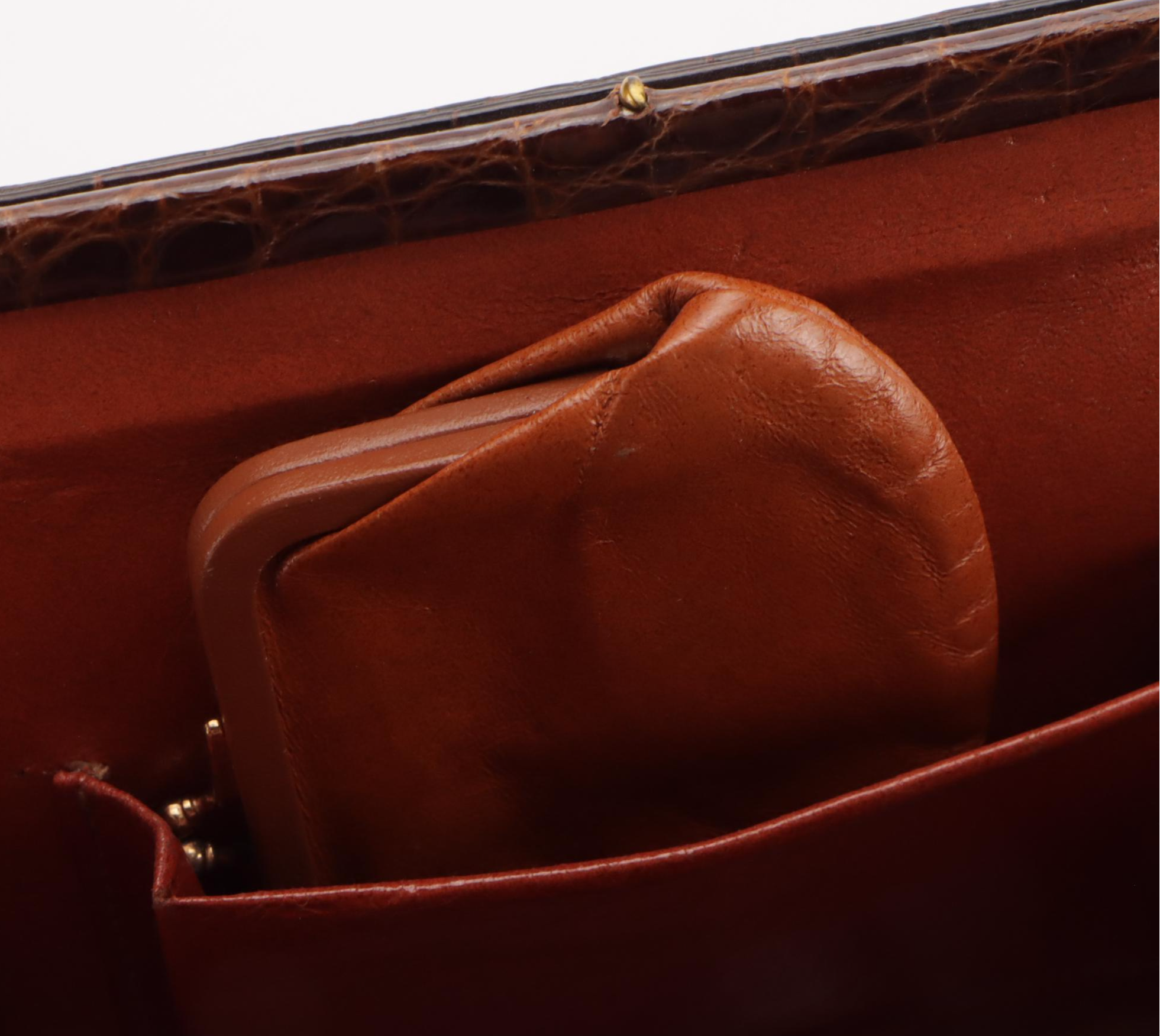 Structured Handbag in Red Brown Glossy Alligator Skin Leather, Mid-20th Century