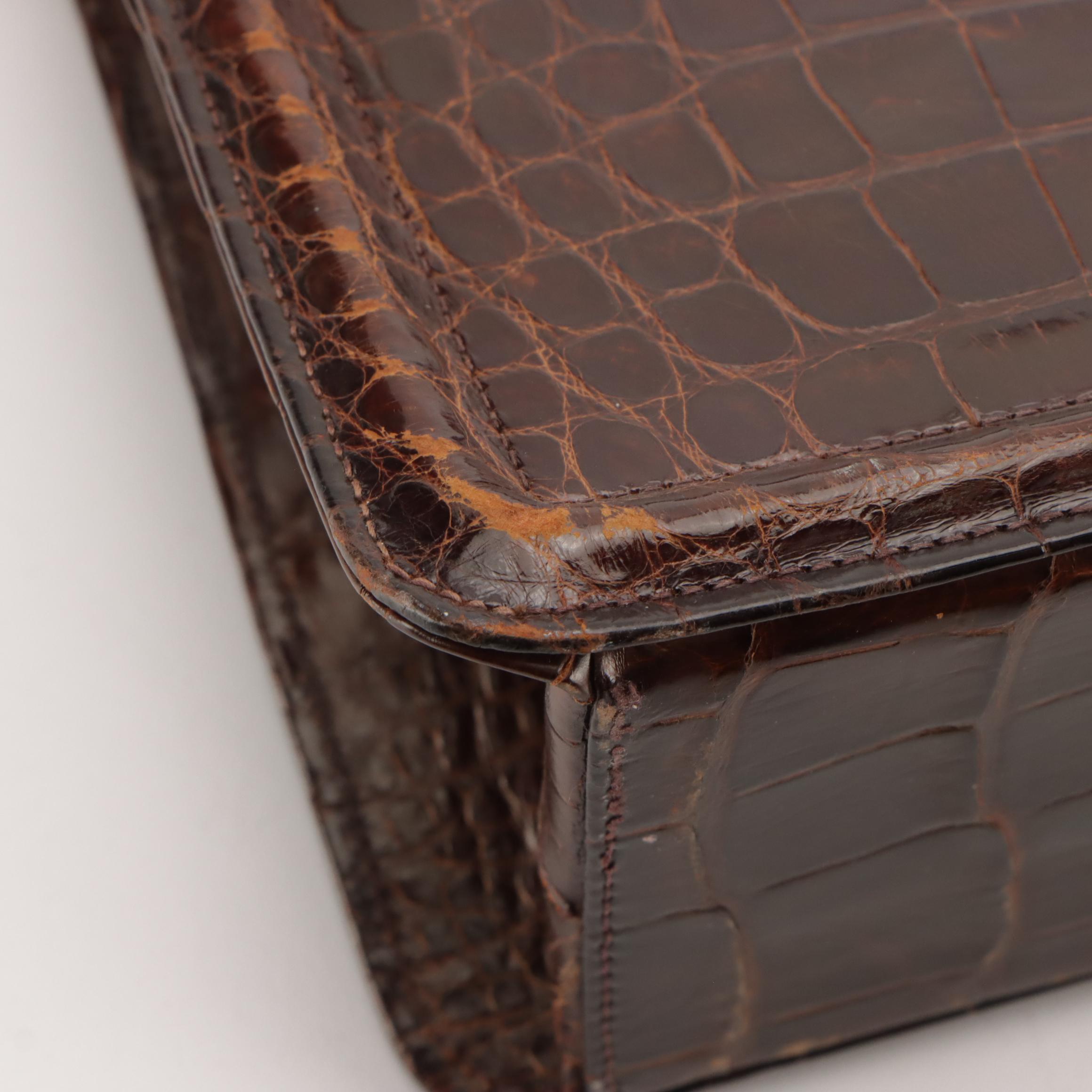 Structured Handbag in Red Brown Glossy Alligator Skin Leather, Mid-20th Century