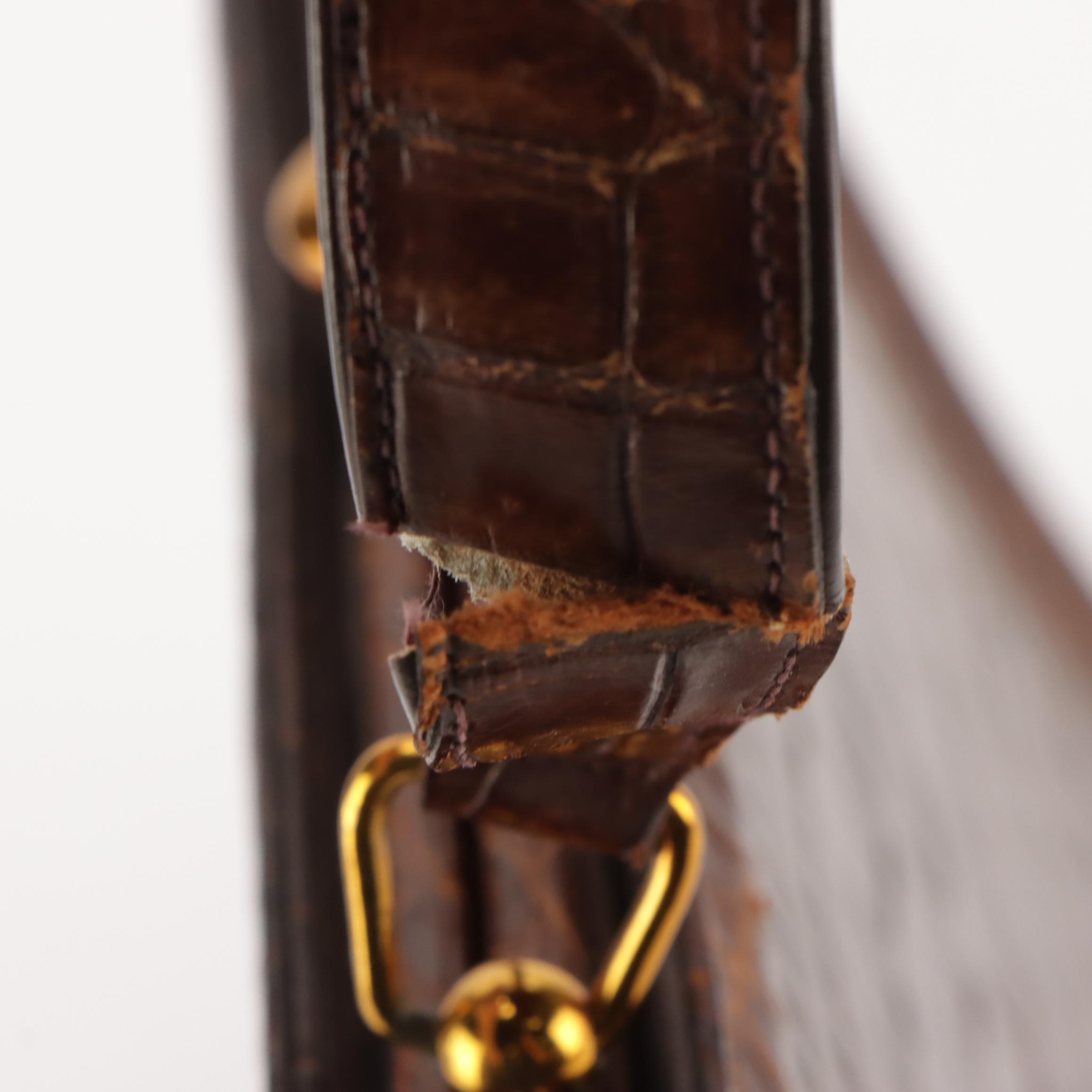 Structured Handbag in Red Brown Glossy Alligator Skin Leather, Mid-20th Century