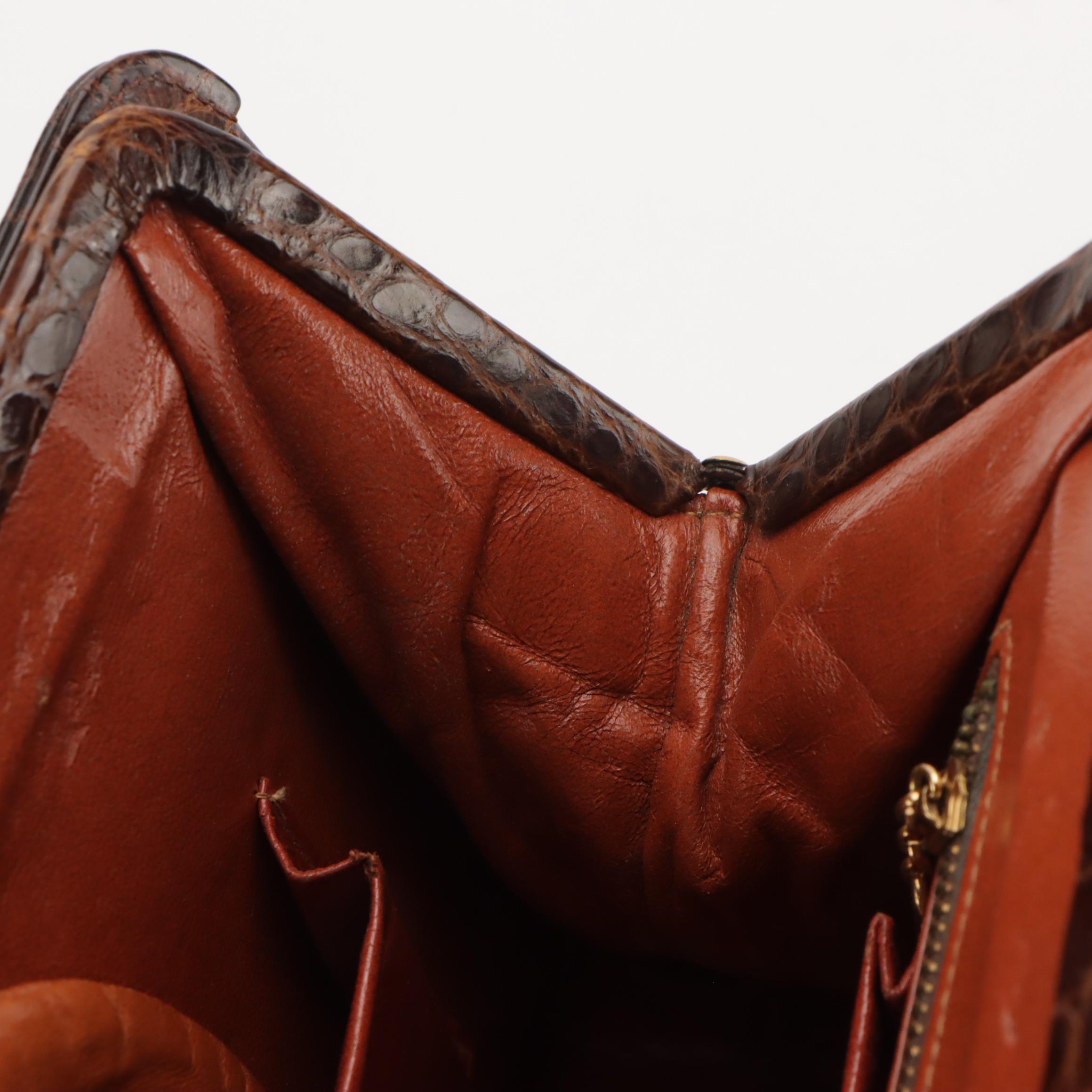 Structured Handbag in Red Brown Glossy Alligator Skin Leather, Mid-20th Century