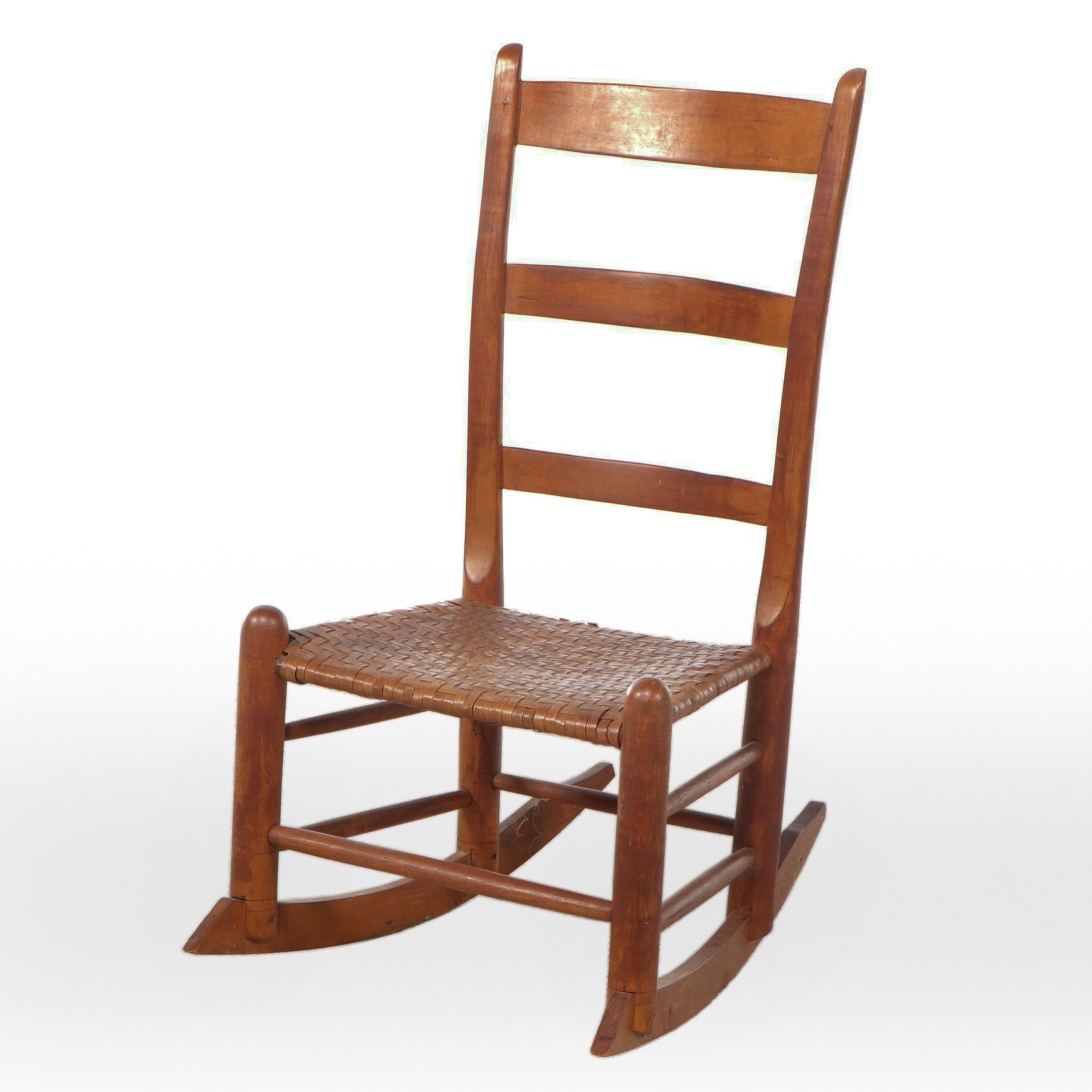Antique American Primitive Ladder-Back Rocking Chair with Woven Hickory Seat