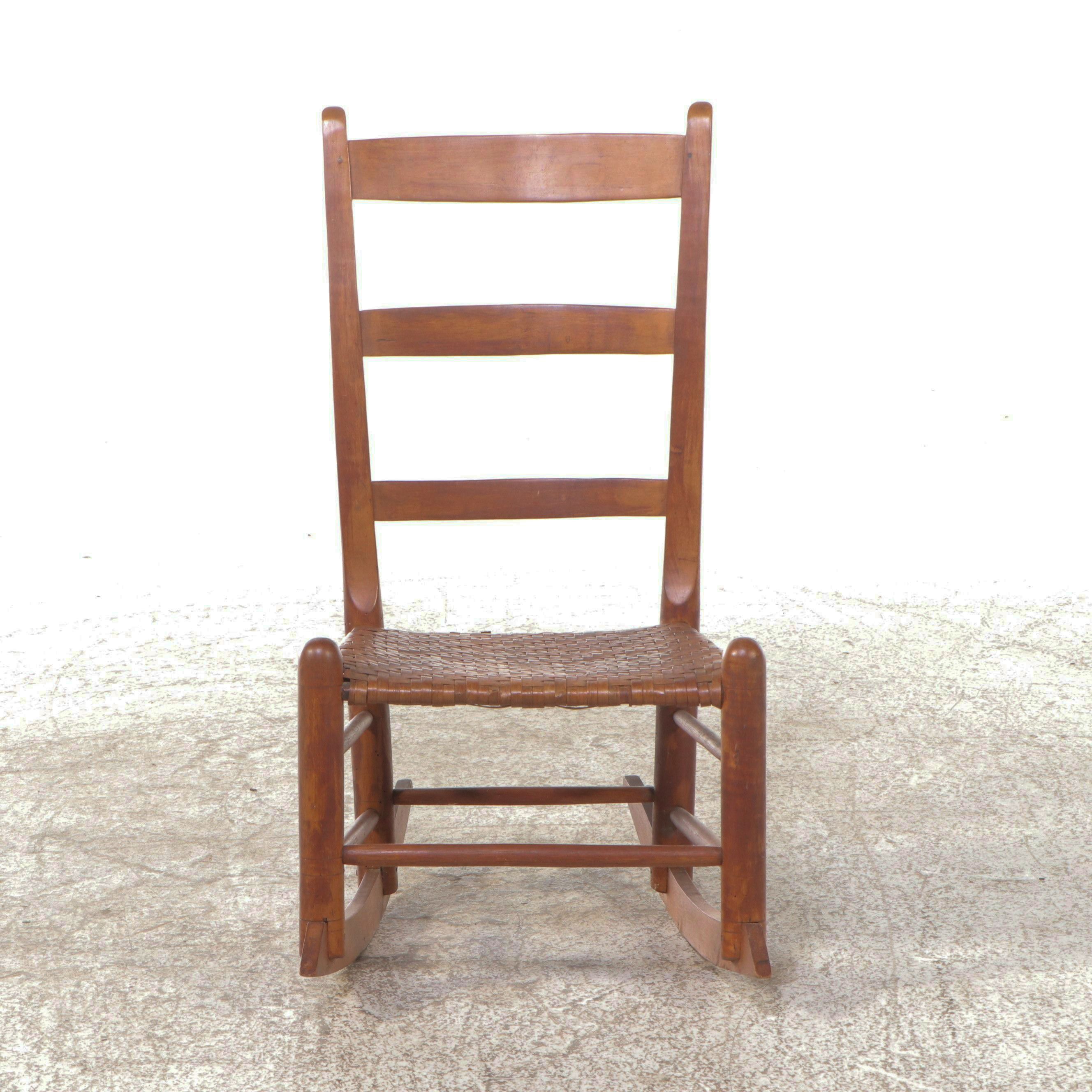 Antique American Primitive Ladder-Back Rocking Chair with Woven Hickory Seat