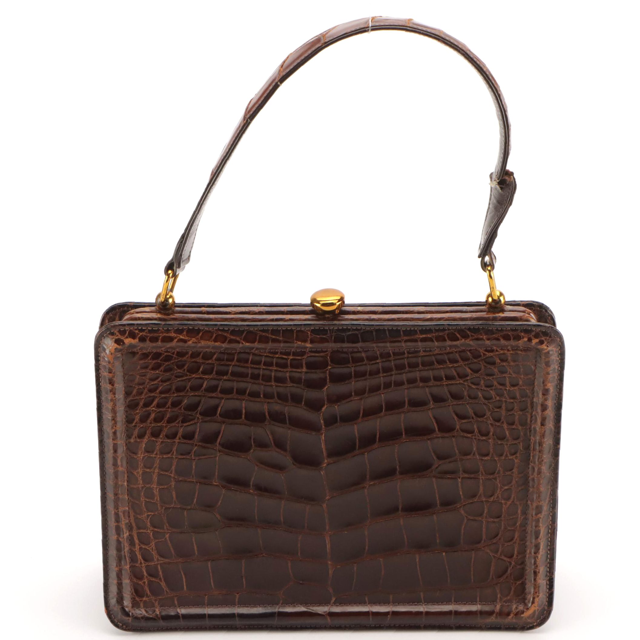 Structured Handbag in Red Brown Glossy Alligator Skin Leather, Mid-20th Century
