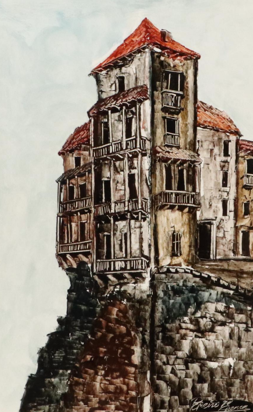 Acrylic Painting of Casas Colgadas in Cuenca, Spain, Mid-to-Late 20th Century