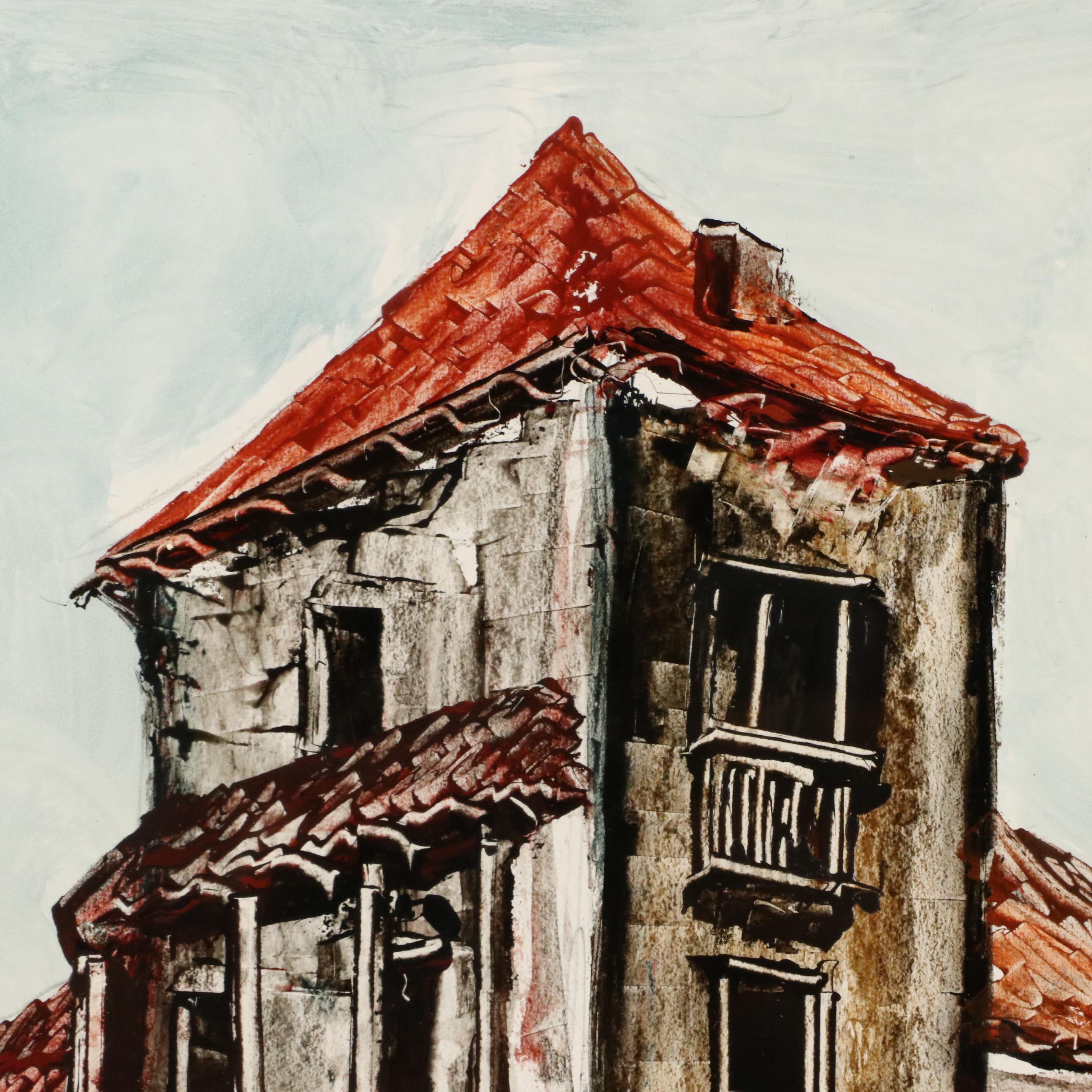 Acrylic Painting of Casas Colgadas in Cuenca, Spain, Mid-to-Late 20th Century
