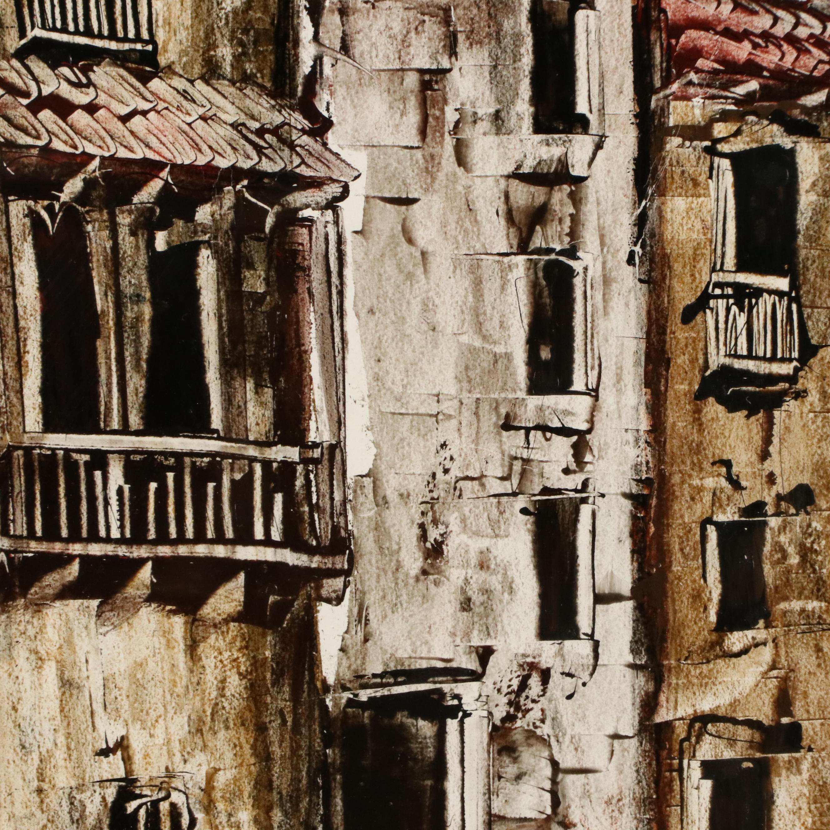 Acrylic Painting of Casas Colgadas in Cuenca, Spain, Mid-to-Late 20th Century