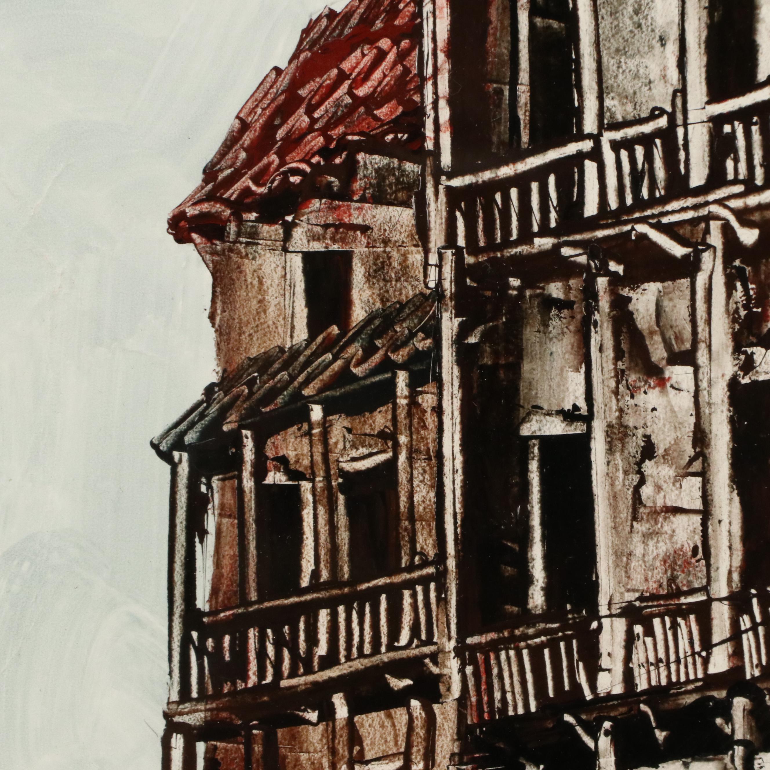 Acrylic Painting of Casas Colgadas in Cuenca, Spain, Mid-to-Late 20th Century