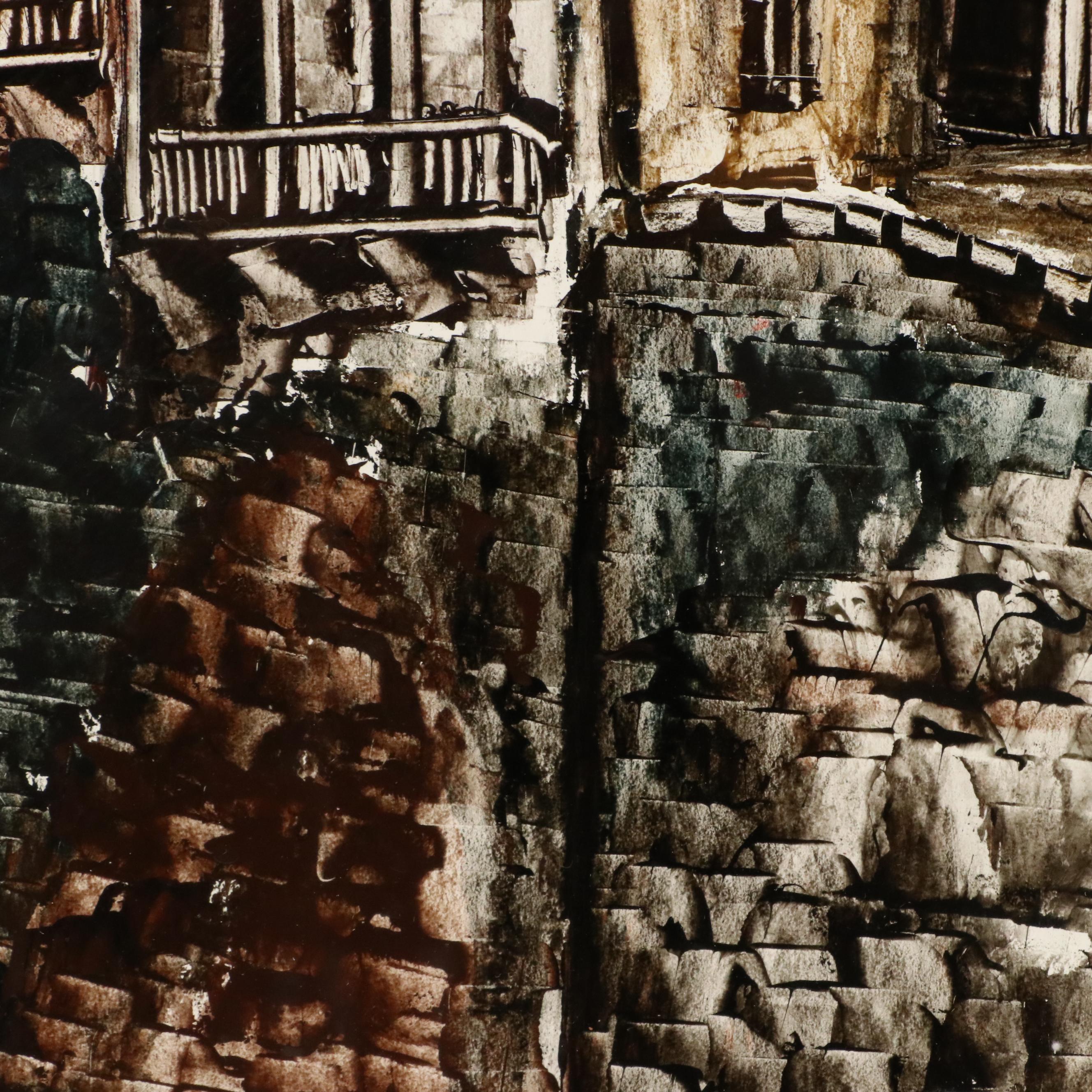 Acrylic Painting of Casas Colgadas in Cuenca, Spain, Mid-to-Late 20th Century