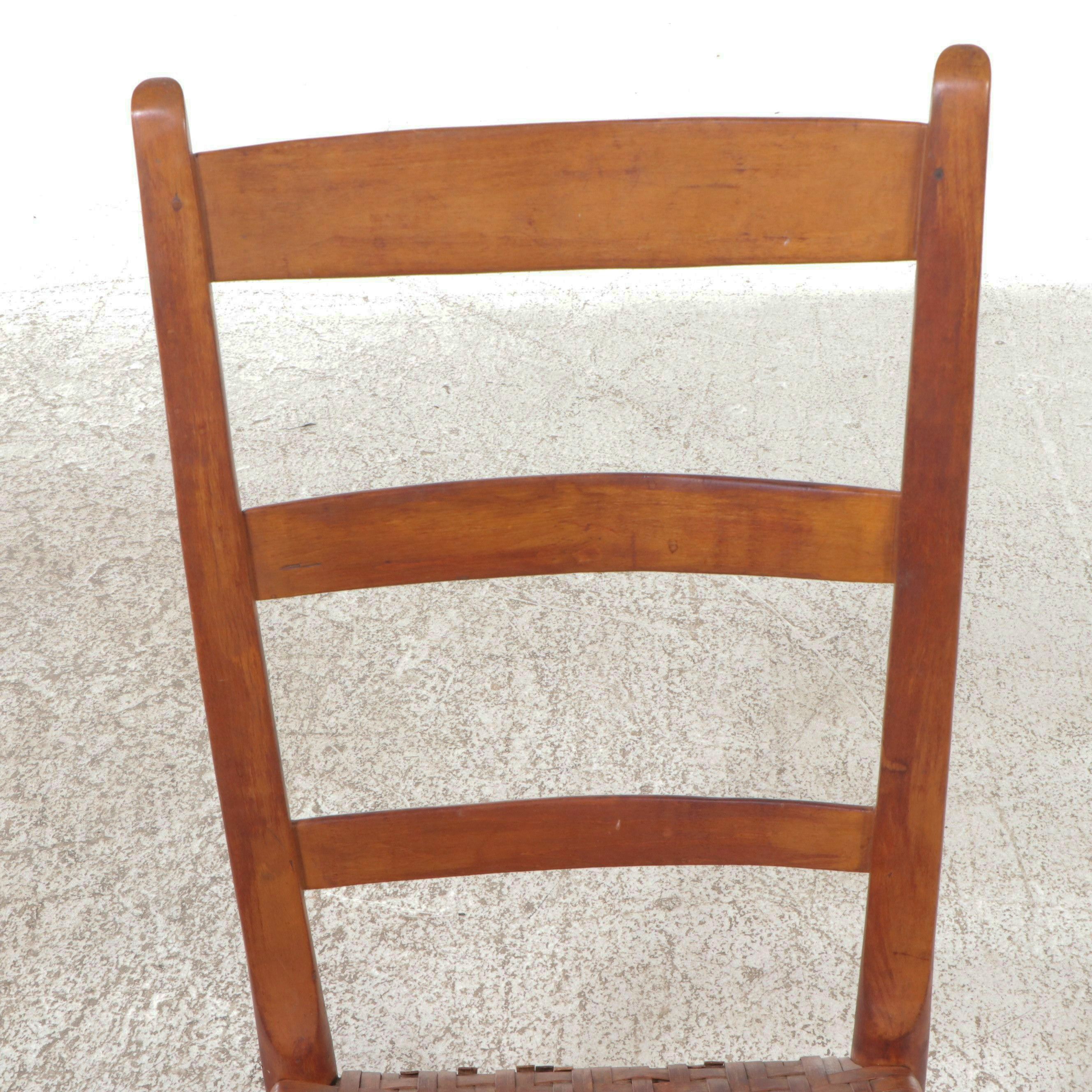 Antique American Primitive Ladder-Back Rocking Chair with Woven Hickory Seat
