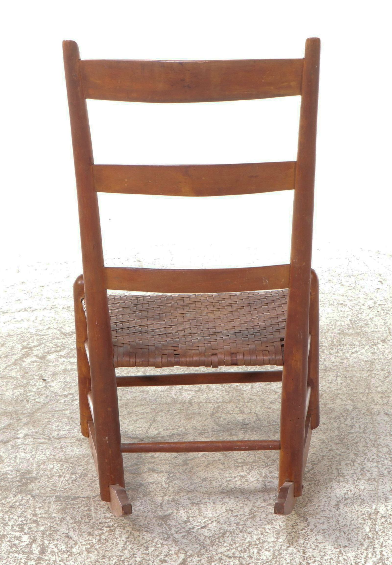 Antique American Primitive Ladder-Back Rocking Chair with Woven Hickory Seat