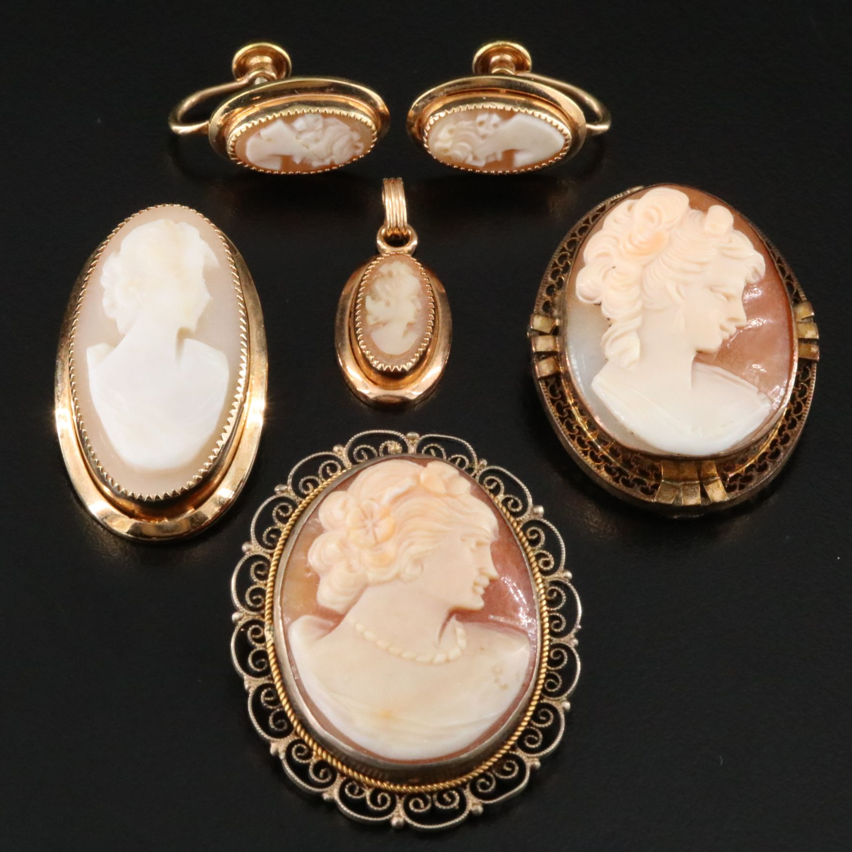 Vintage Gold-Filled and 900 Silver Shell Cameo Jewelry Collection