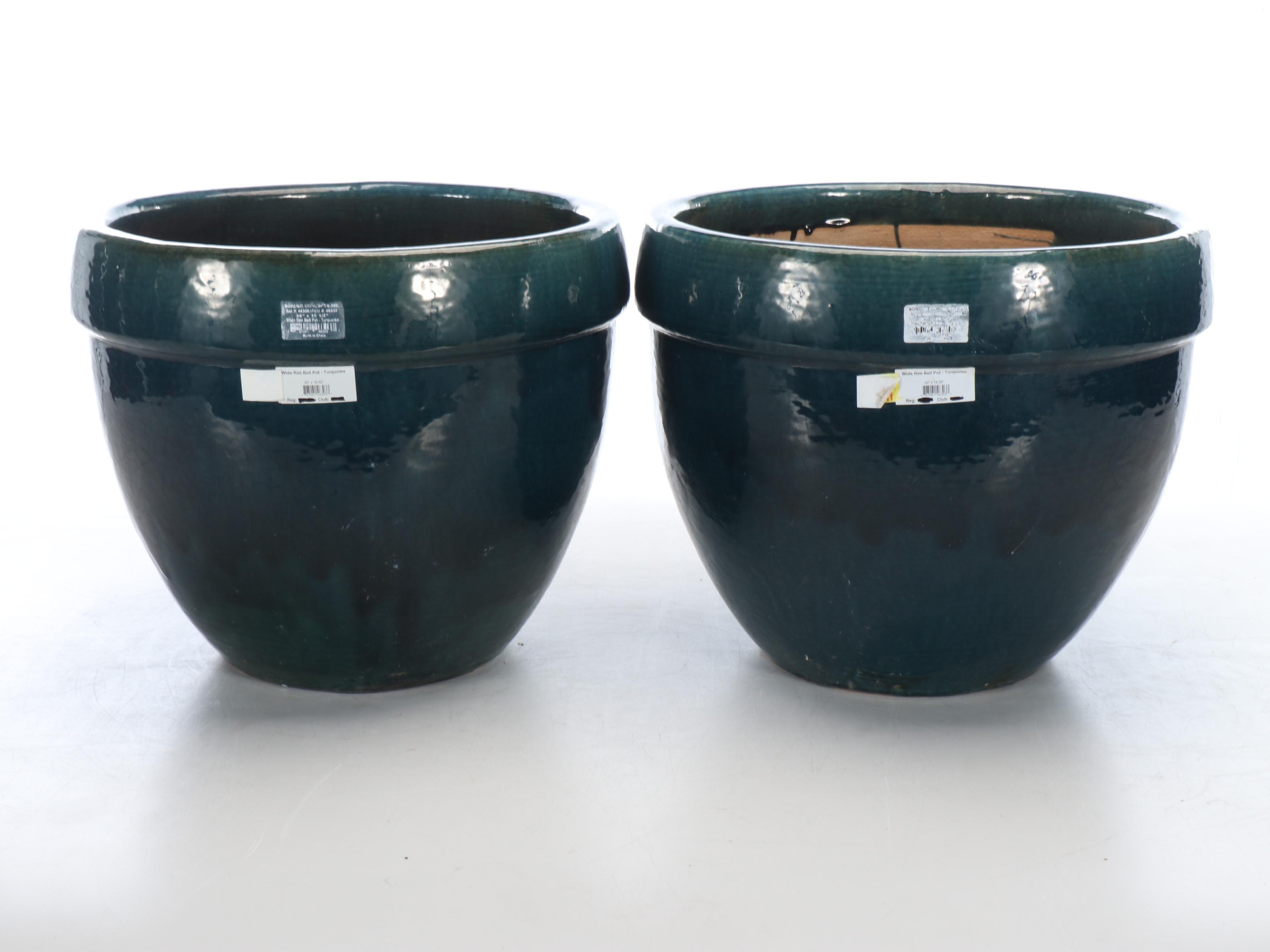 Turquoise Glazed Ceramic Wide Rim Bell Pot Planters