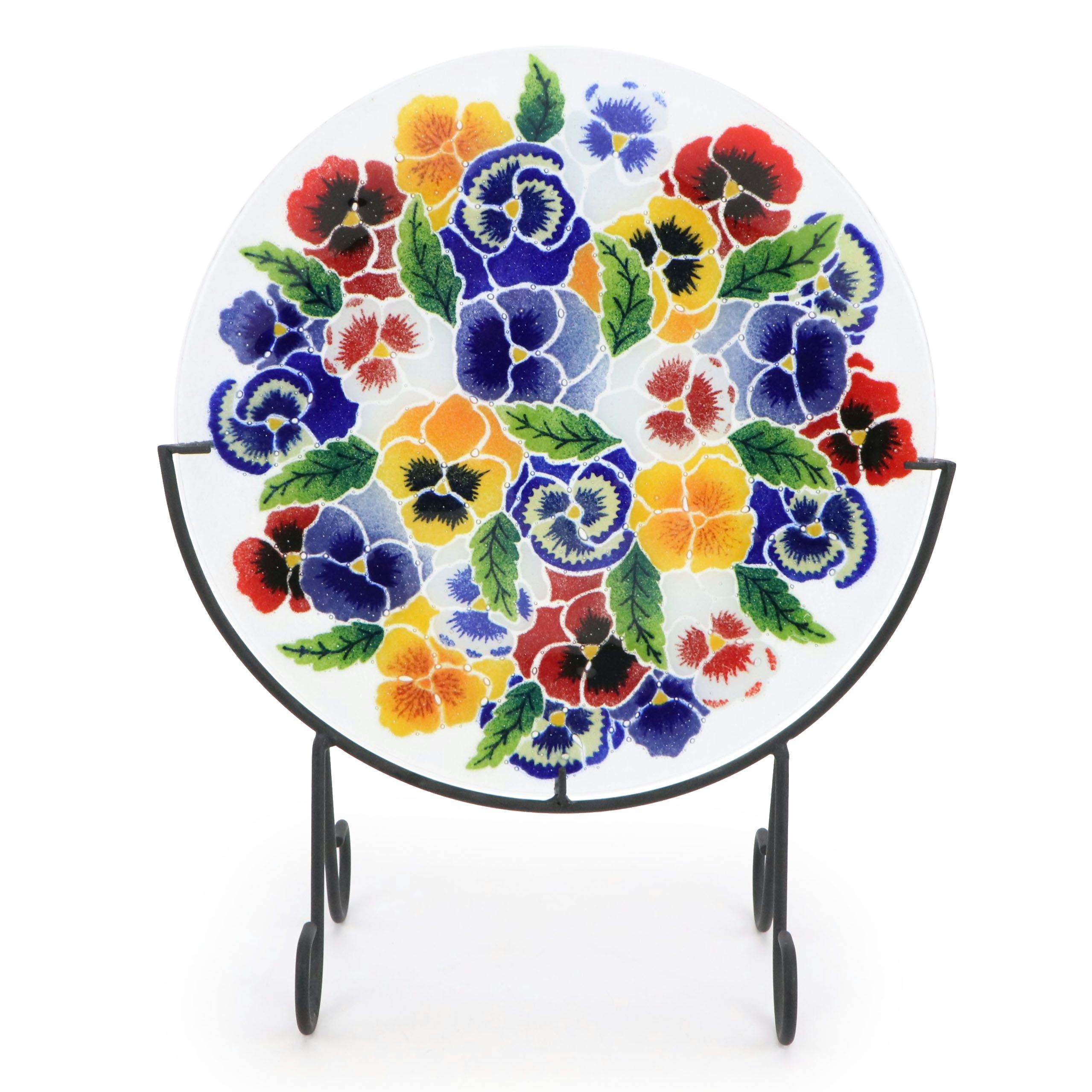 Hawaiian Handmade Floral Glass Plate on Metal Stand