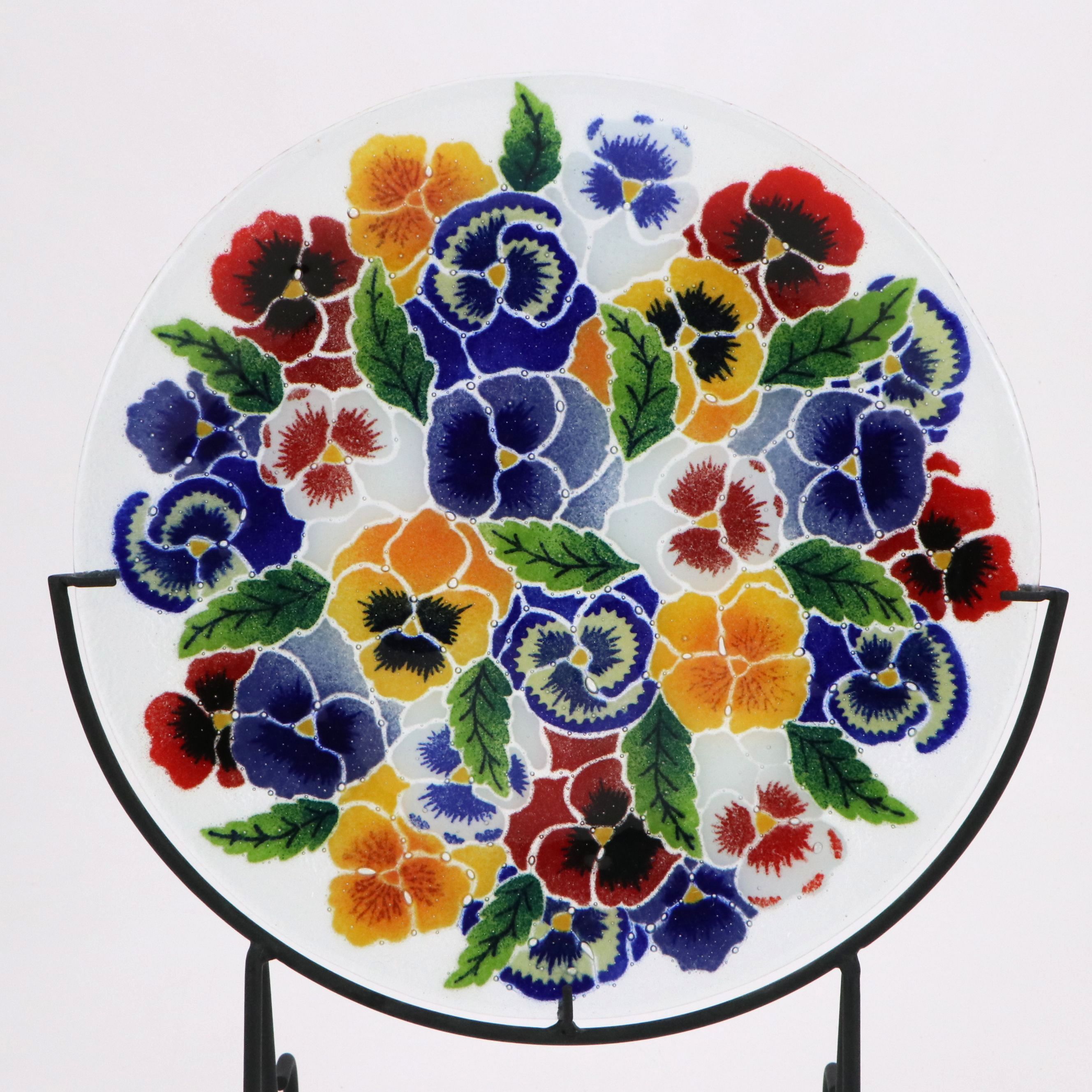 Hawaiian Handmade Floral Glass Plate on Metal Stand
