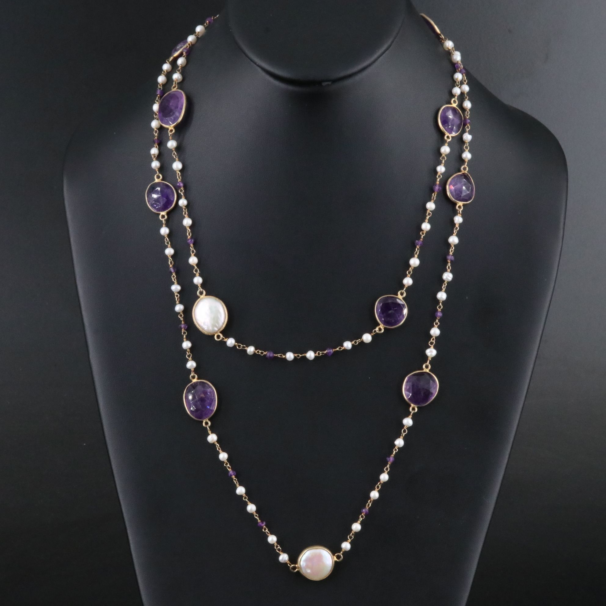 Sterling Amethyst and Pearl Station Necklace