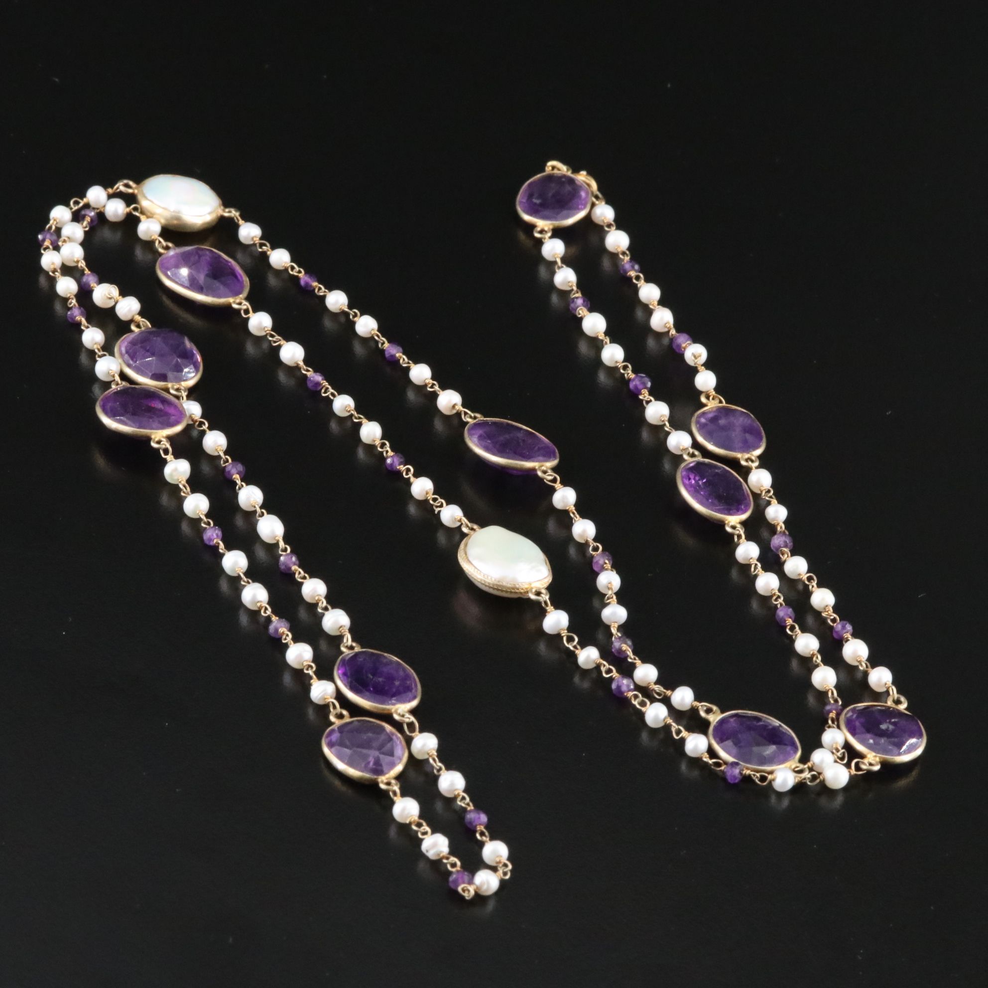 Sterling Amethyst and Pearl Station Necklace