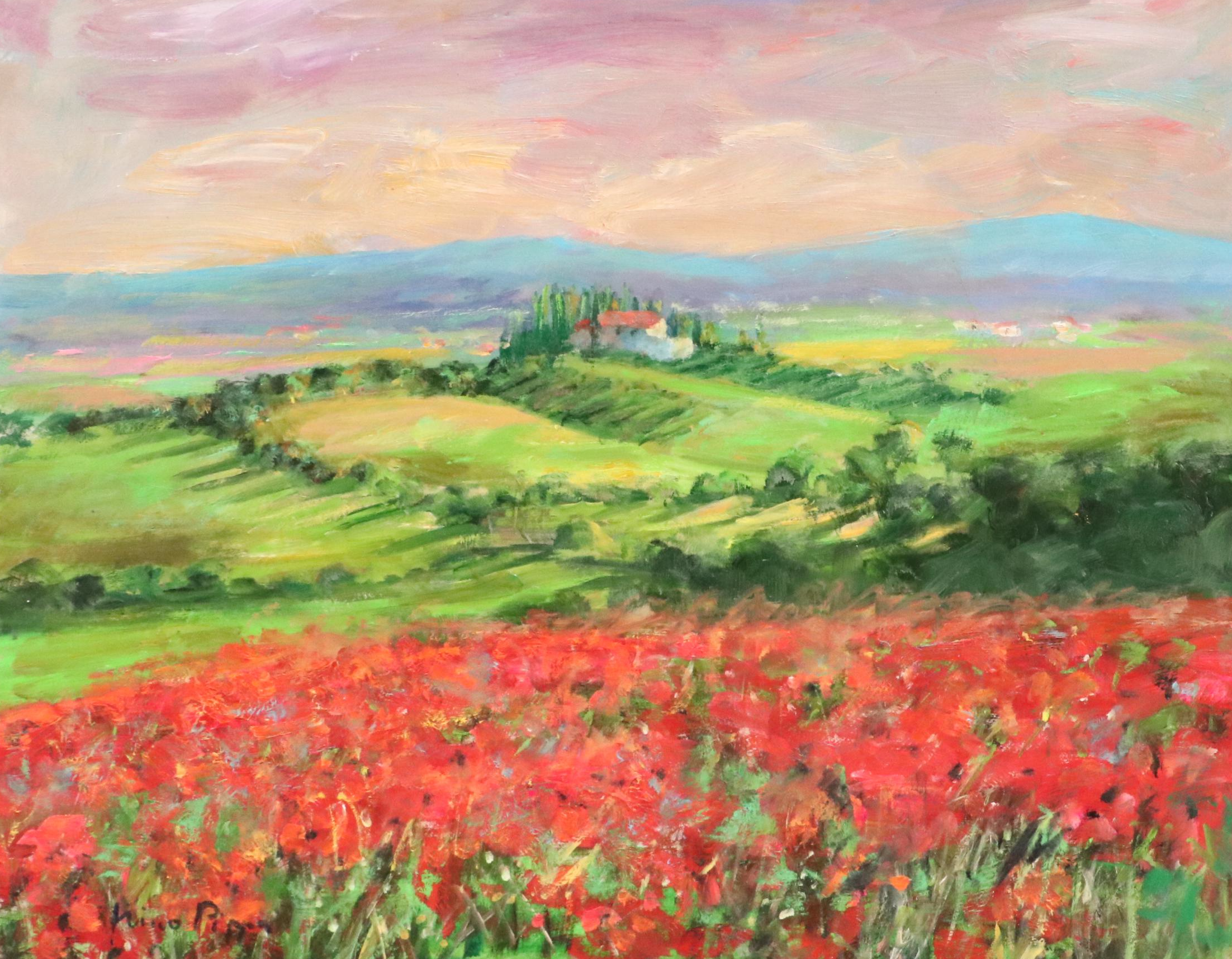 Nino Pippa Oil Painting "Tuscany Landscape with Poppy Field," 2019