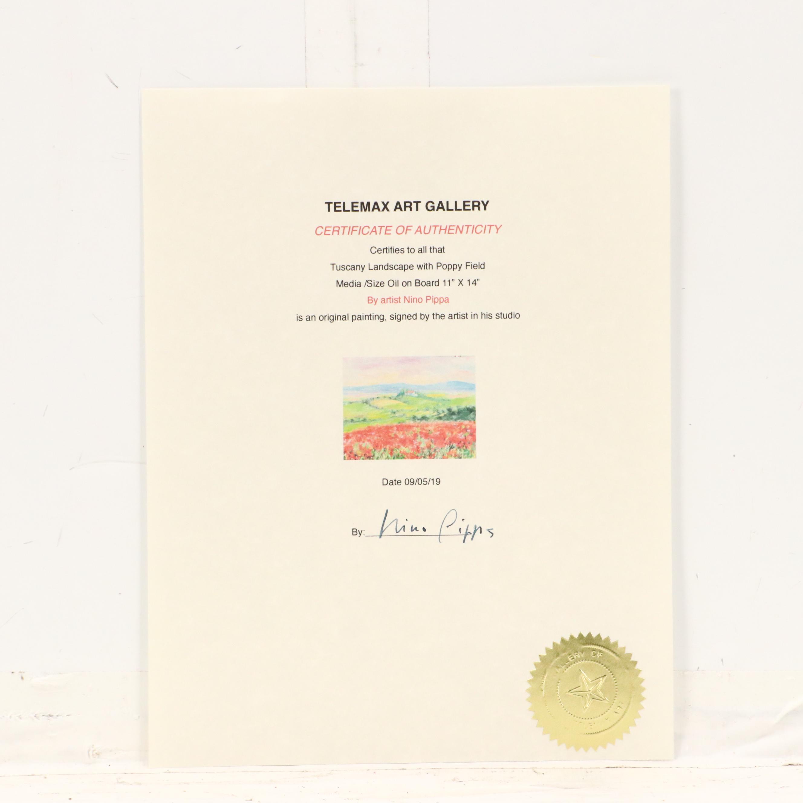 Nino Pippa Oil Painting "Tuscany Landscape with Poppy Field," 2019