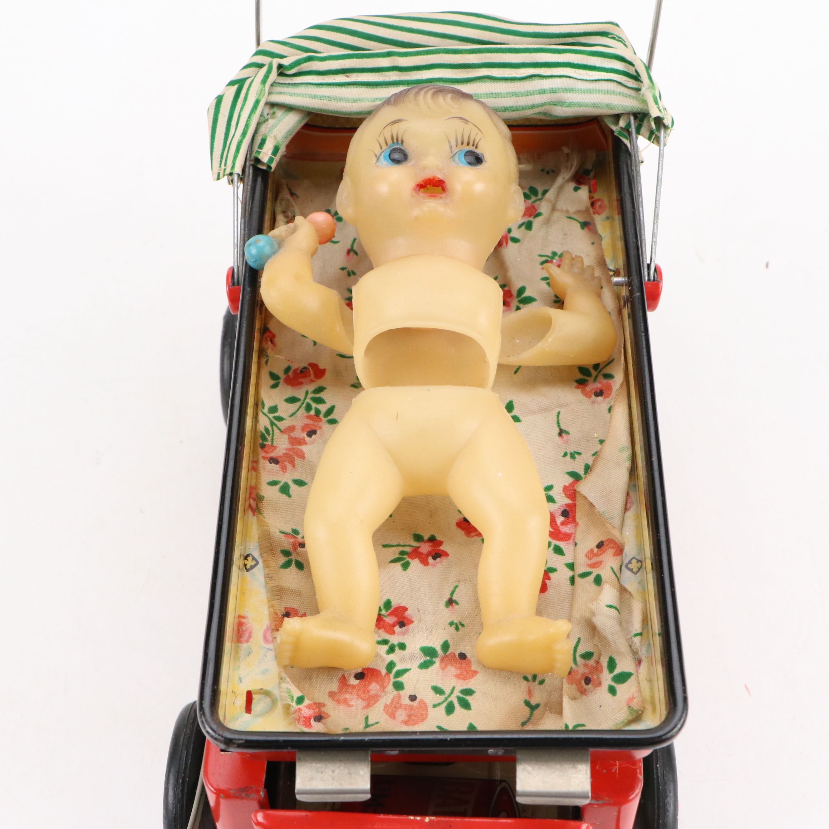 Vintage Vinyl Baby Doll with Tin Carriage