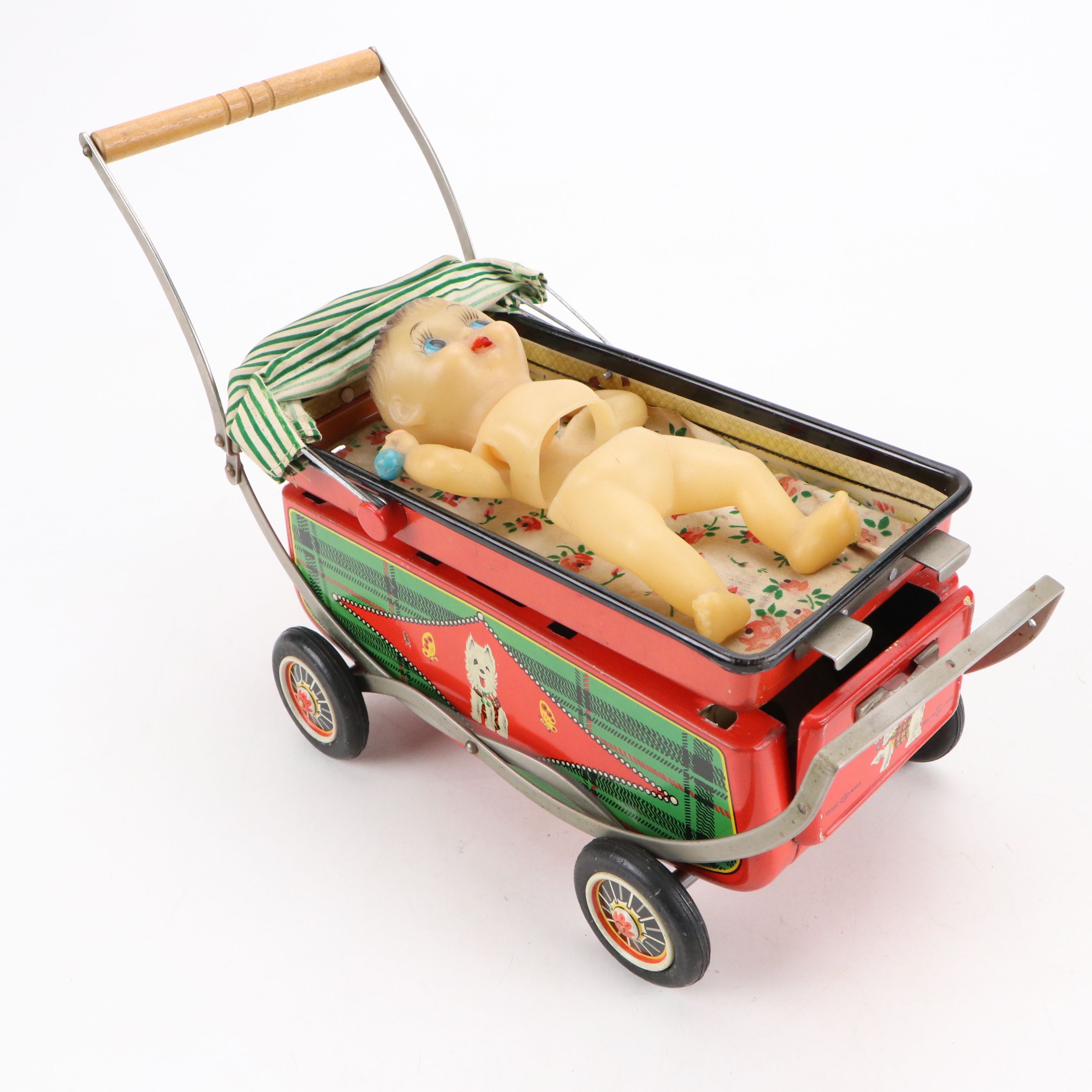 Vintage Vinyl Baby Doll with Tin Carriage