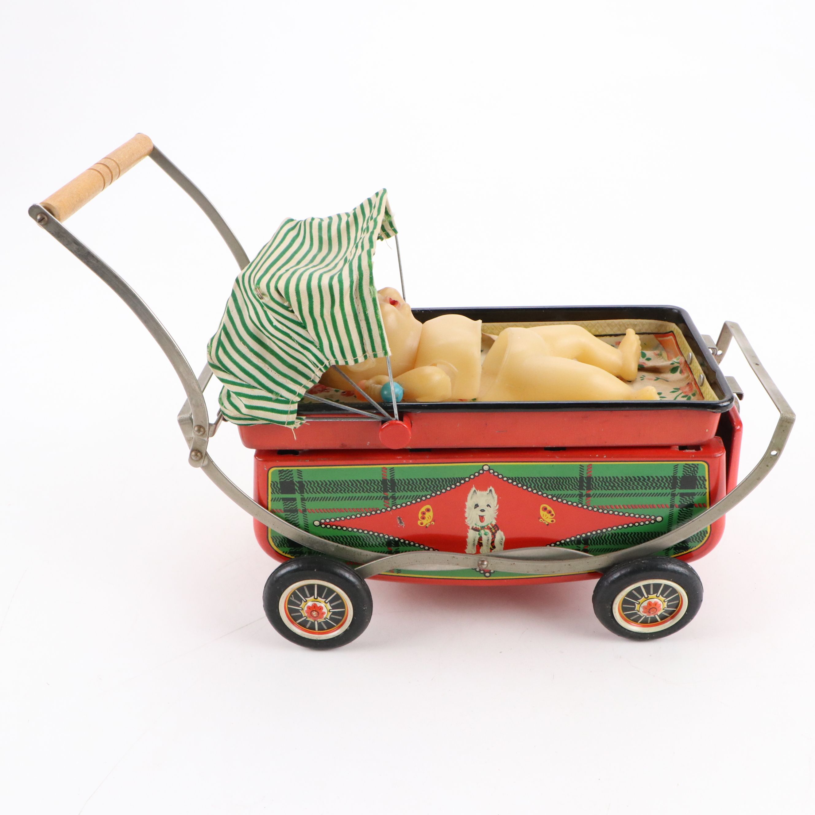 Vintage Vinyl Baby Doll with Tin Carriage