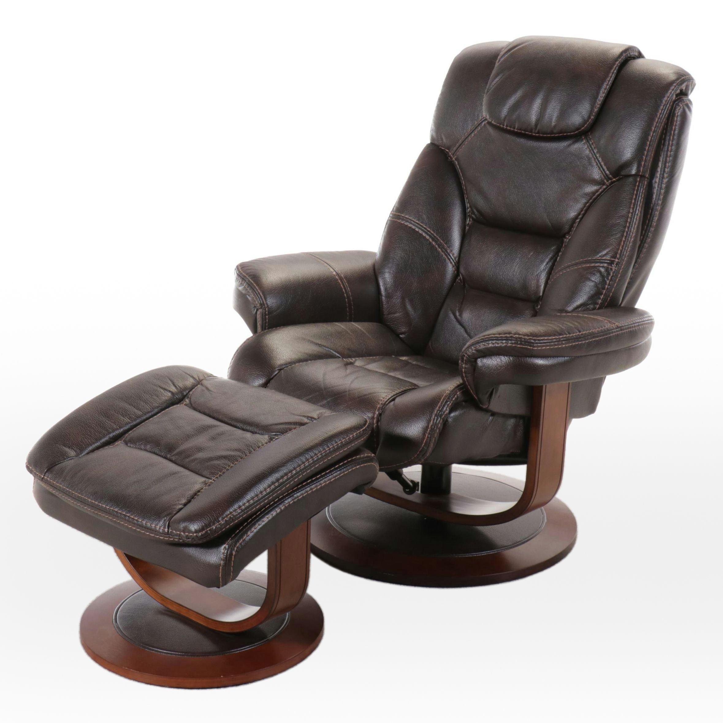 Contemporary Overstuffed Faux Leather and Wood Recliner with Ottoman