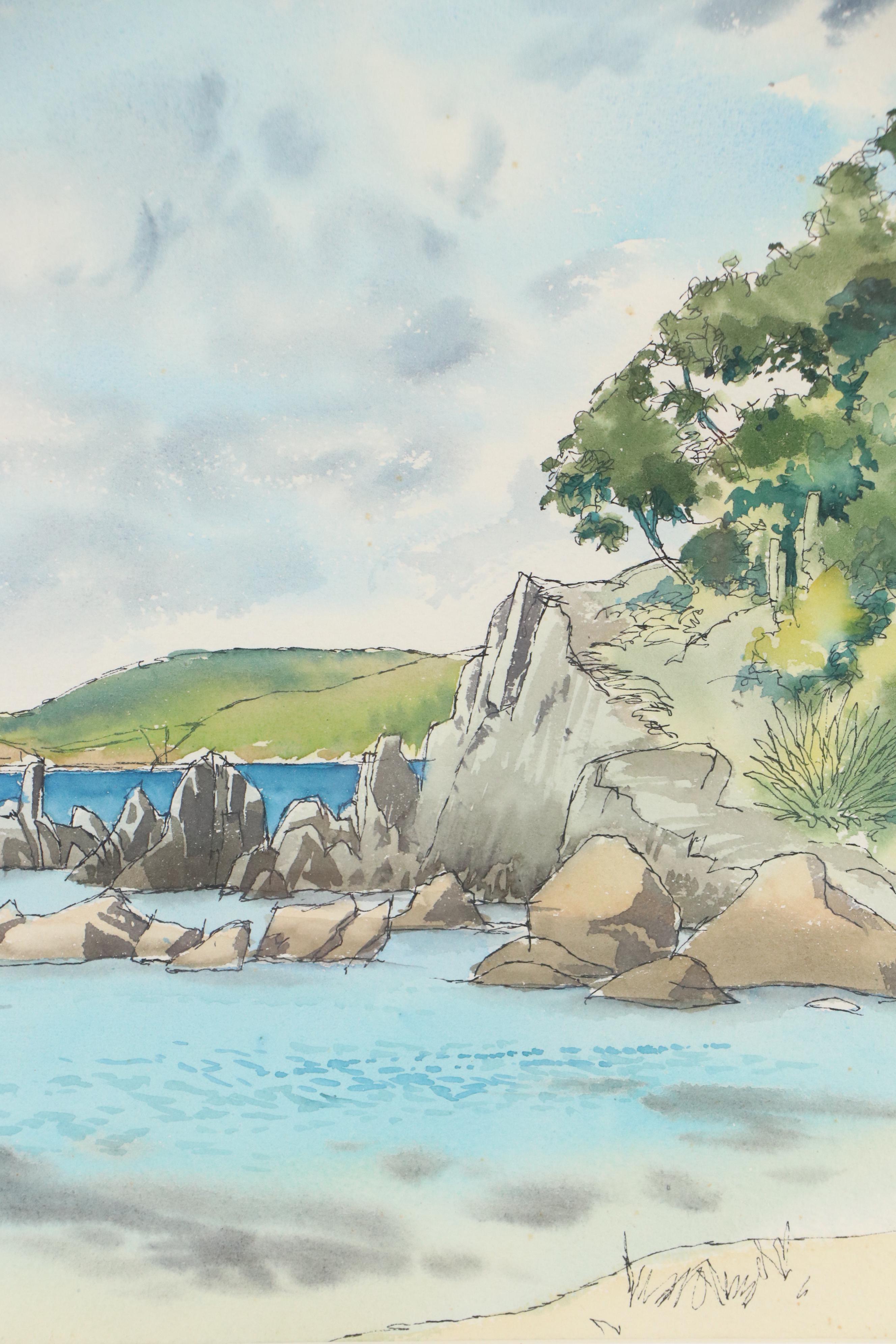 Coastal Rocky Landscape Watercolor Painting, Late 20th Century