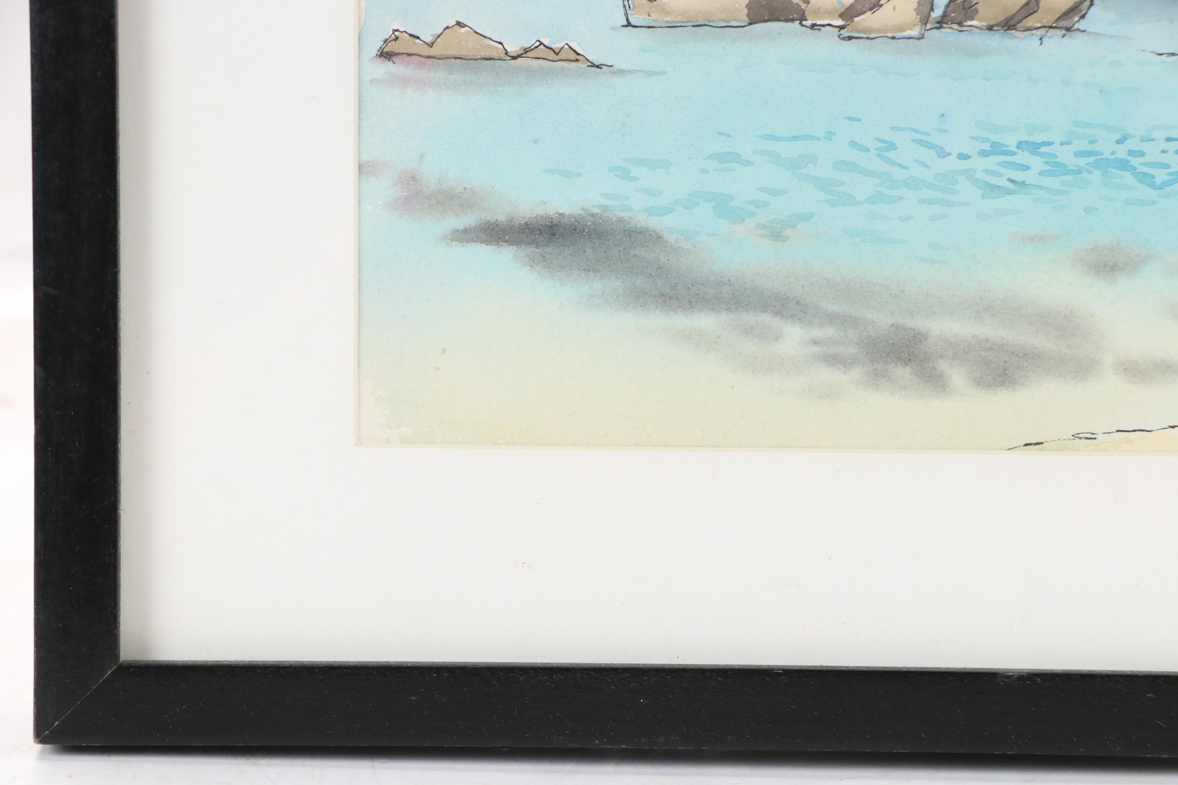 Coastal Rocky Landscape Watercolor Painting, Late 20th Century