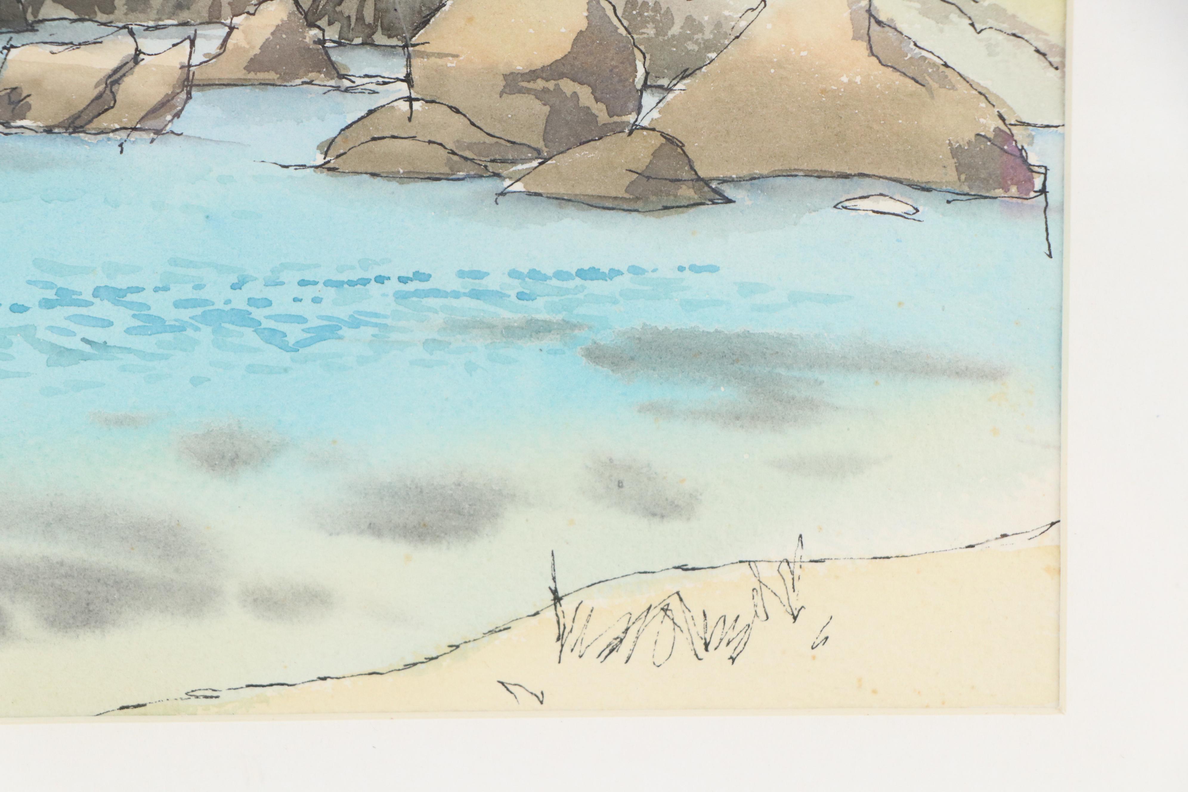 Coastal Rocky Landscape Watercolor Painting, Late 20th Century