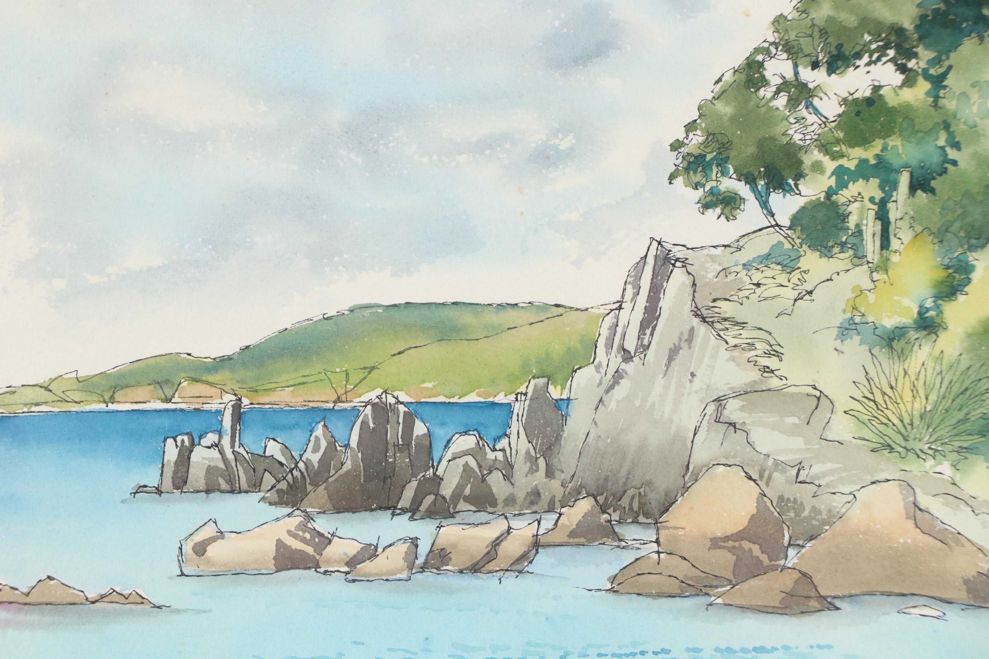 Coastal Rocky Landscape Watercolor Painting, Late 20th Century