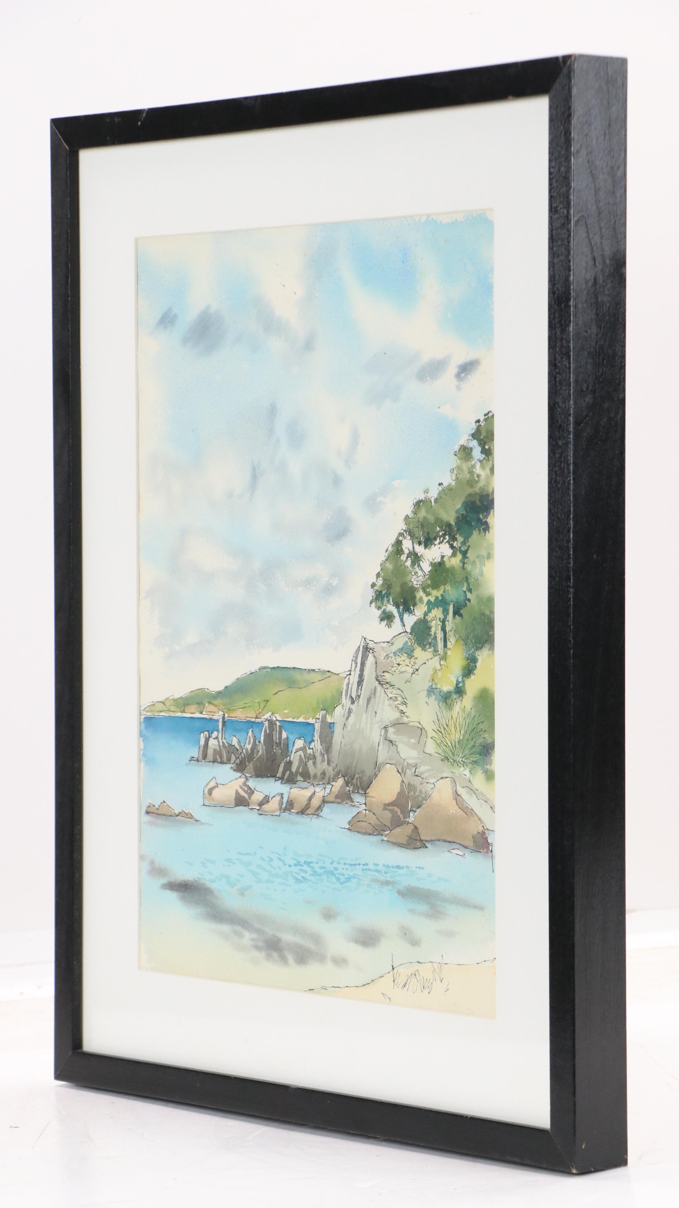 Coastal Rocky Landscape Watercolor Painting, Late 20th Century