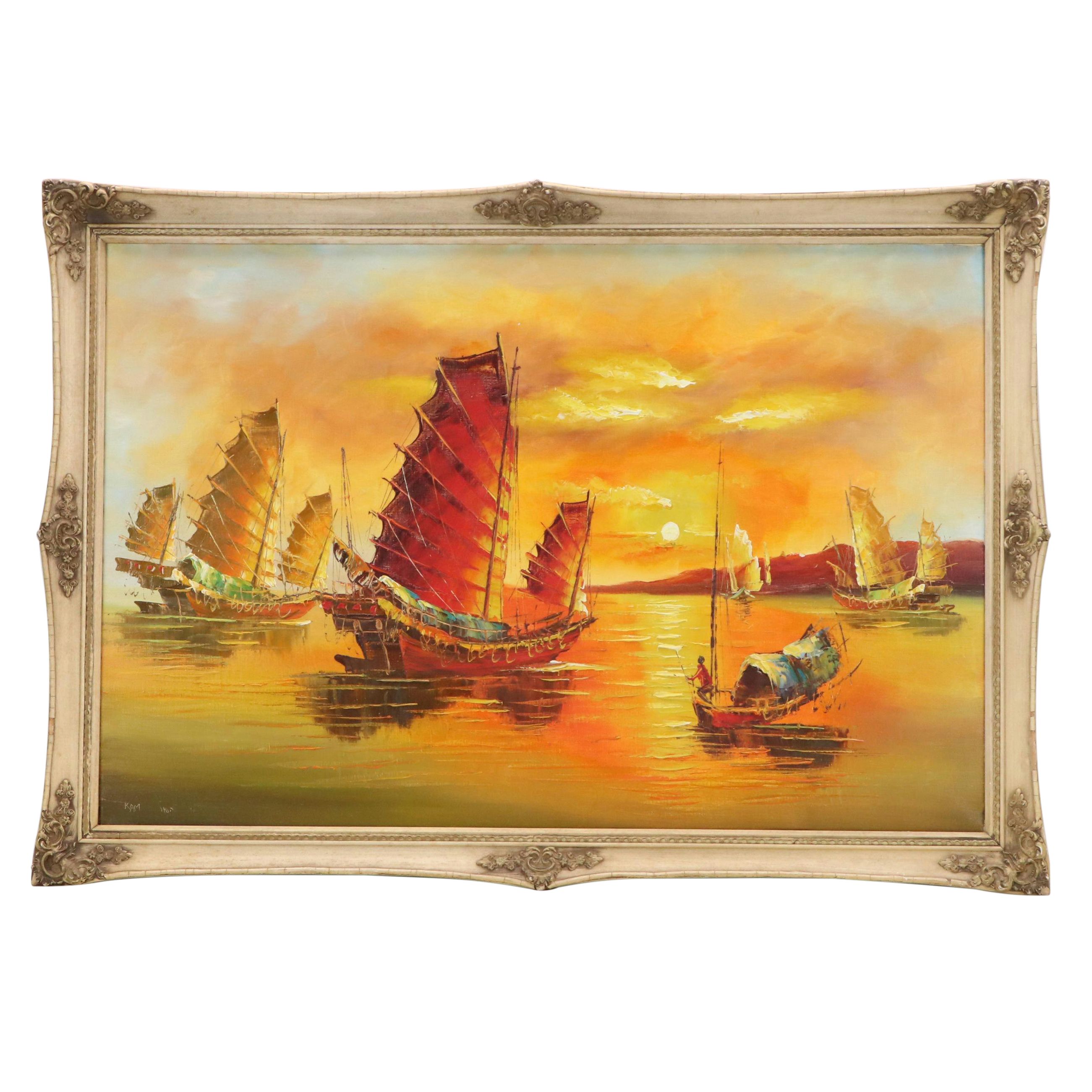 Kam Hoi Nautical Oil Painting of Chinese Junks at Sunset, Late 20th Century