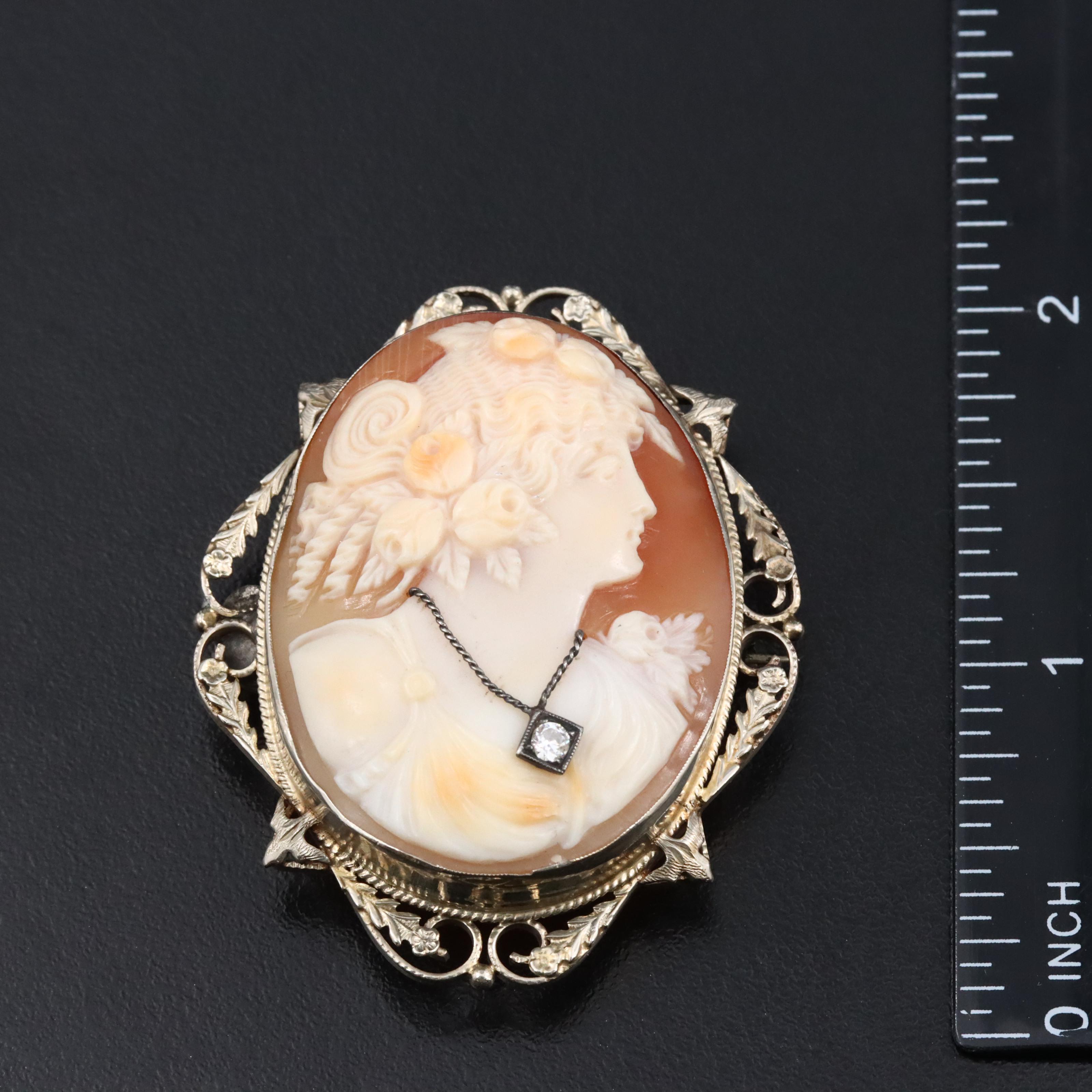 Vintage 14K Goddess Flora Habillé Shell Cameo Converter Brooch with Diamond