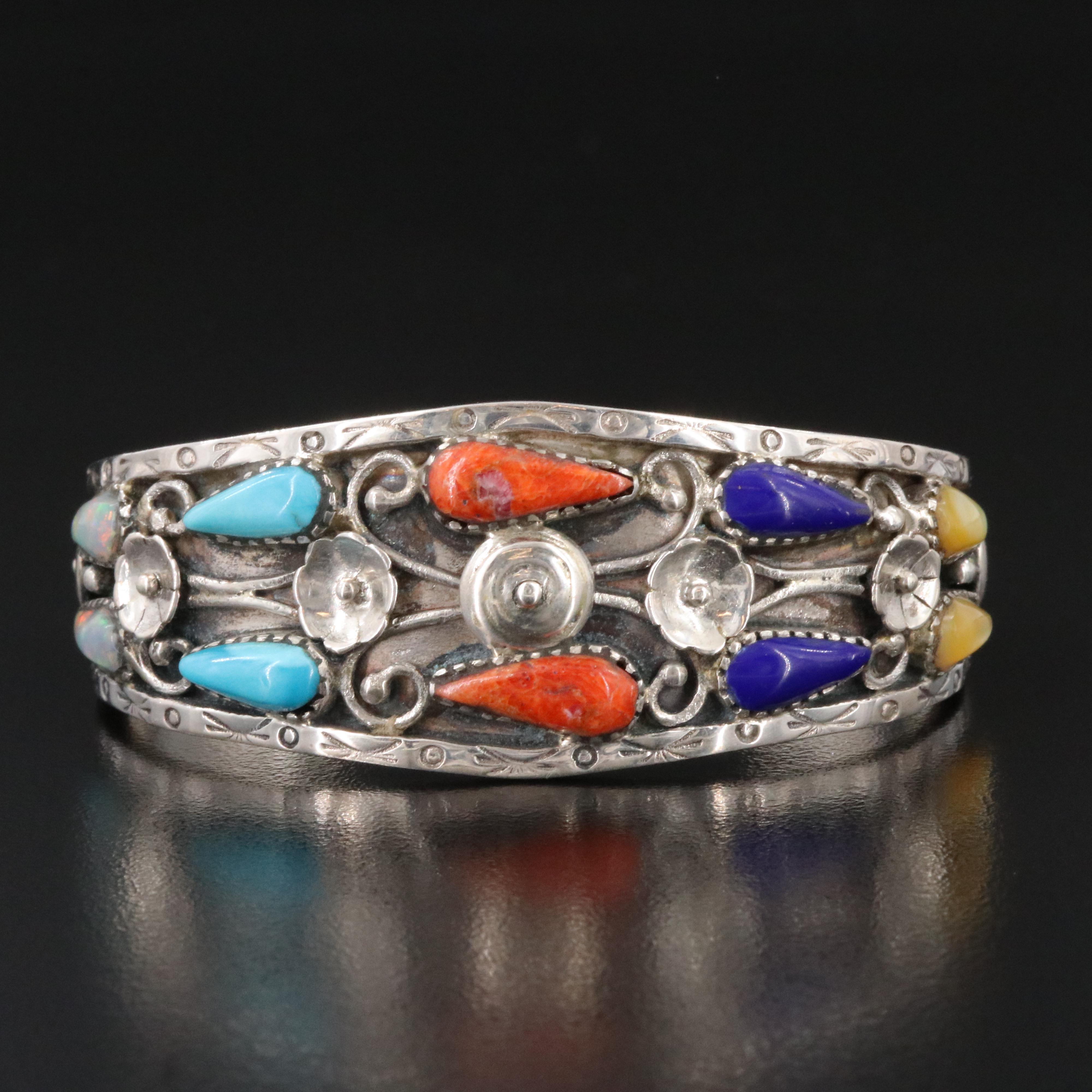 Southwestern Sterling Turquoise, Coral and Gemstone Cuff Bracelet