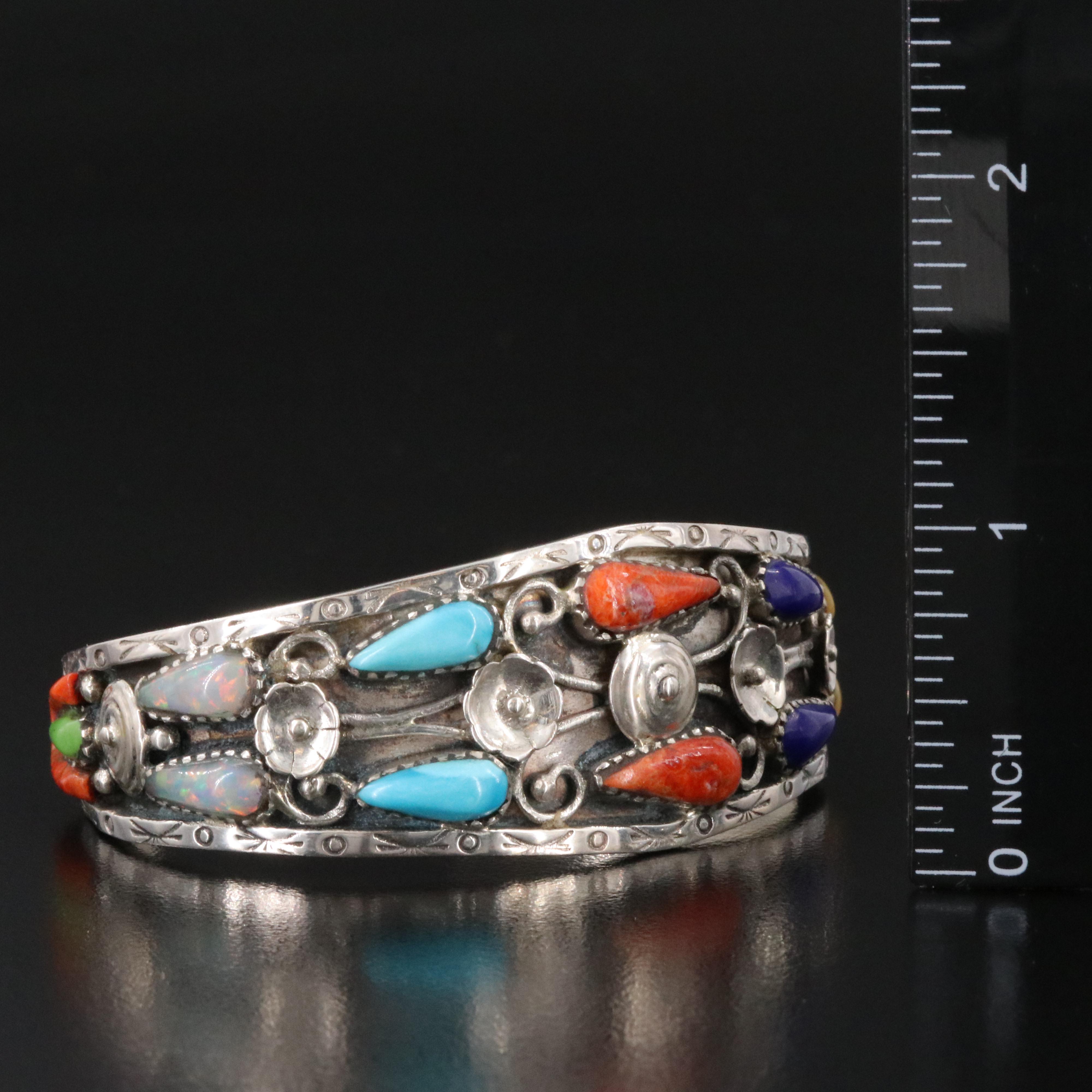 Southwestern Sterling Turquoise, Coral and Gemstone Cuff Bracelet