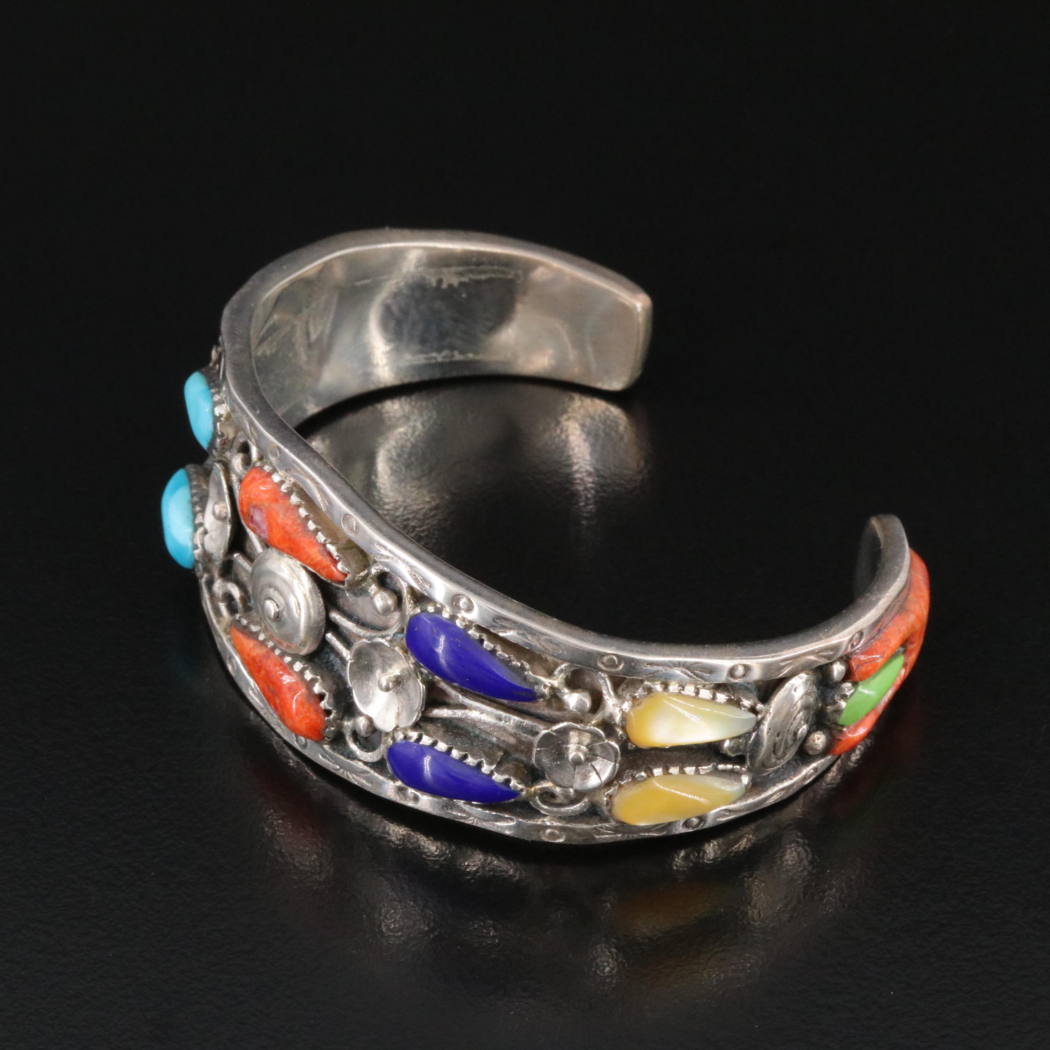 Southwestern Sterling Turquoise, Coral and Gemstone Cuff Bracelet