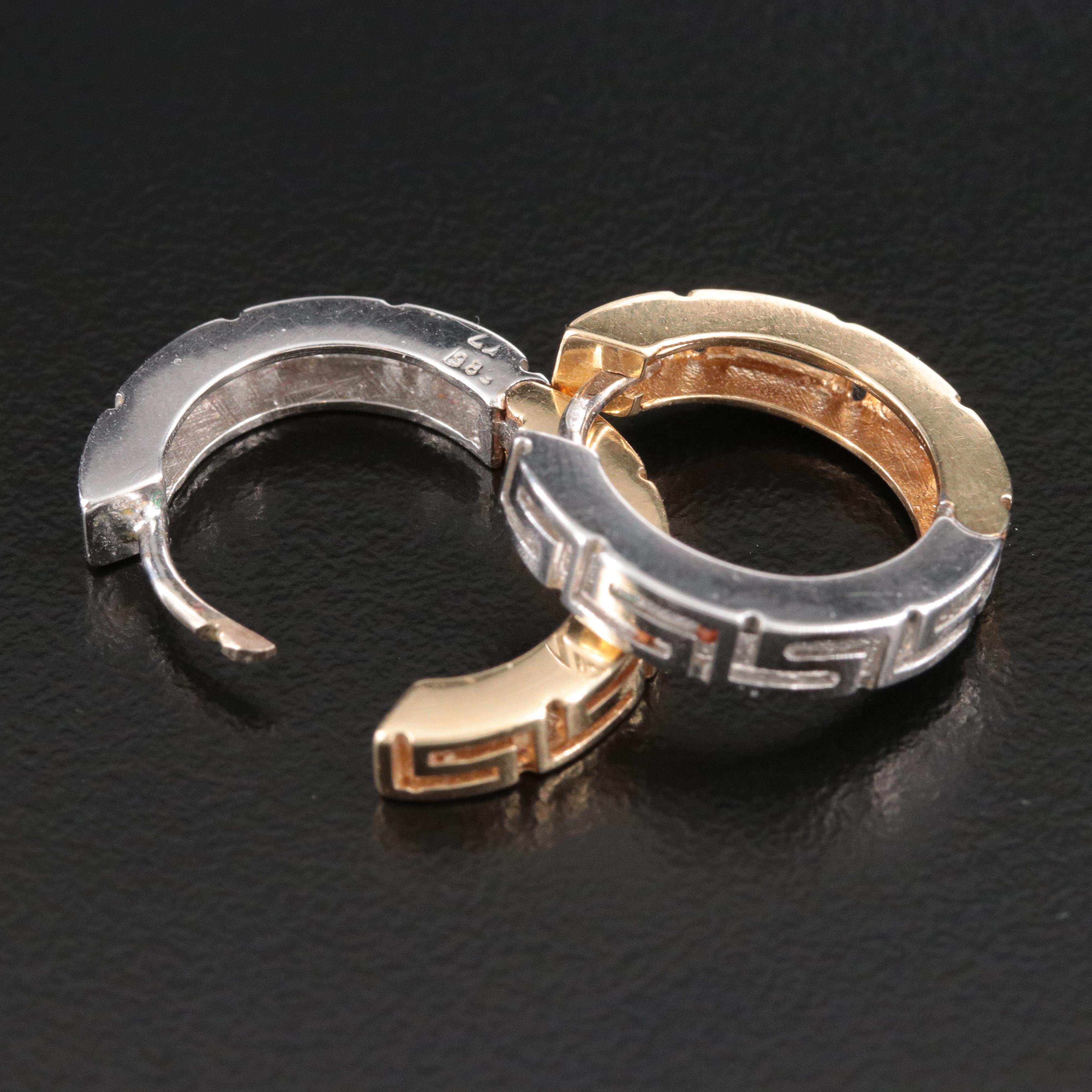 14K Two-Tone Reversible Greek Key Hoop Earrings