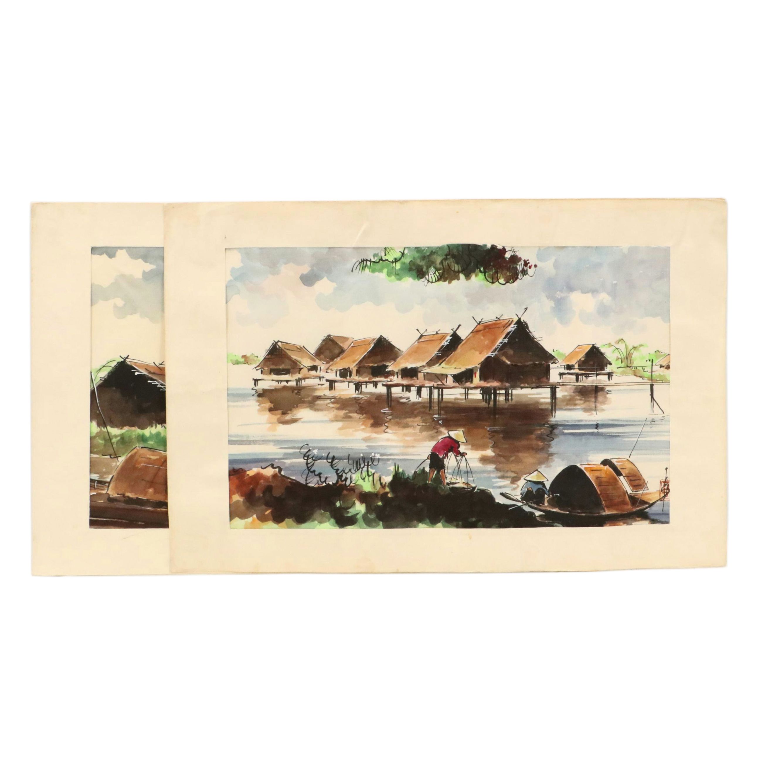 East Asian Watercolor Landscape Paintings, 20th Century