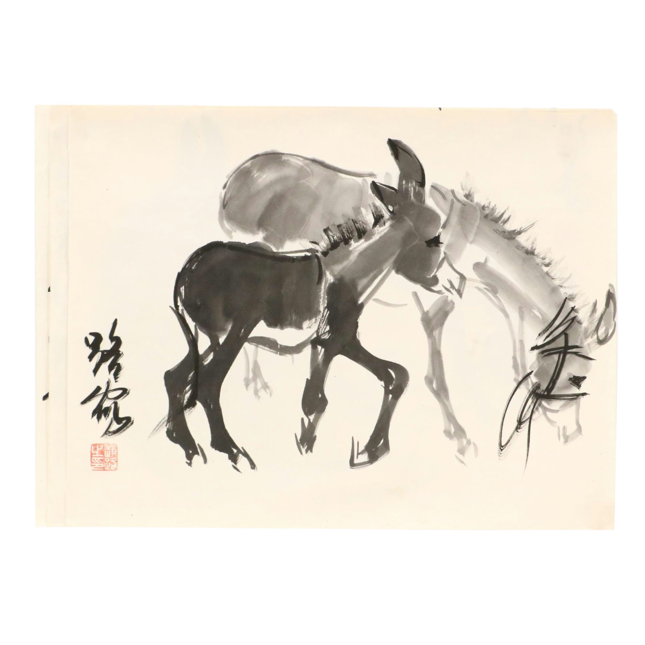 Three East Asian Ink Wash Paintings of Mules, 20th Century