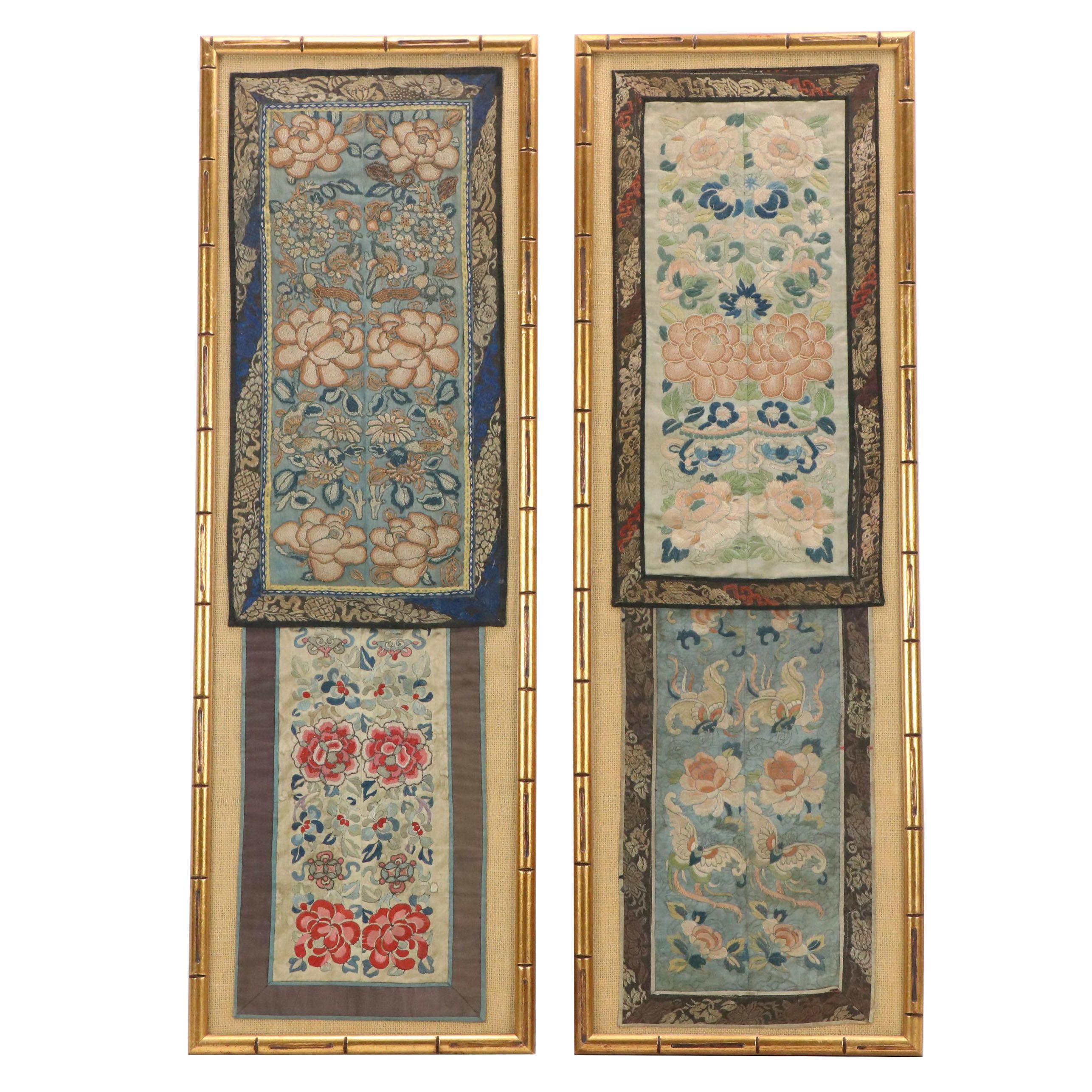 Chinese School Textile Embroidery Panels with Floral Motifs
