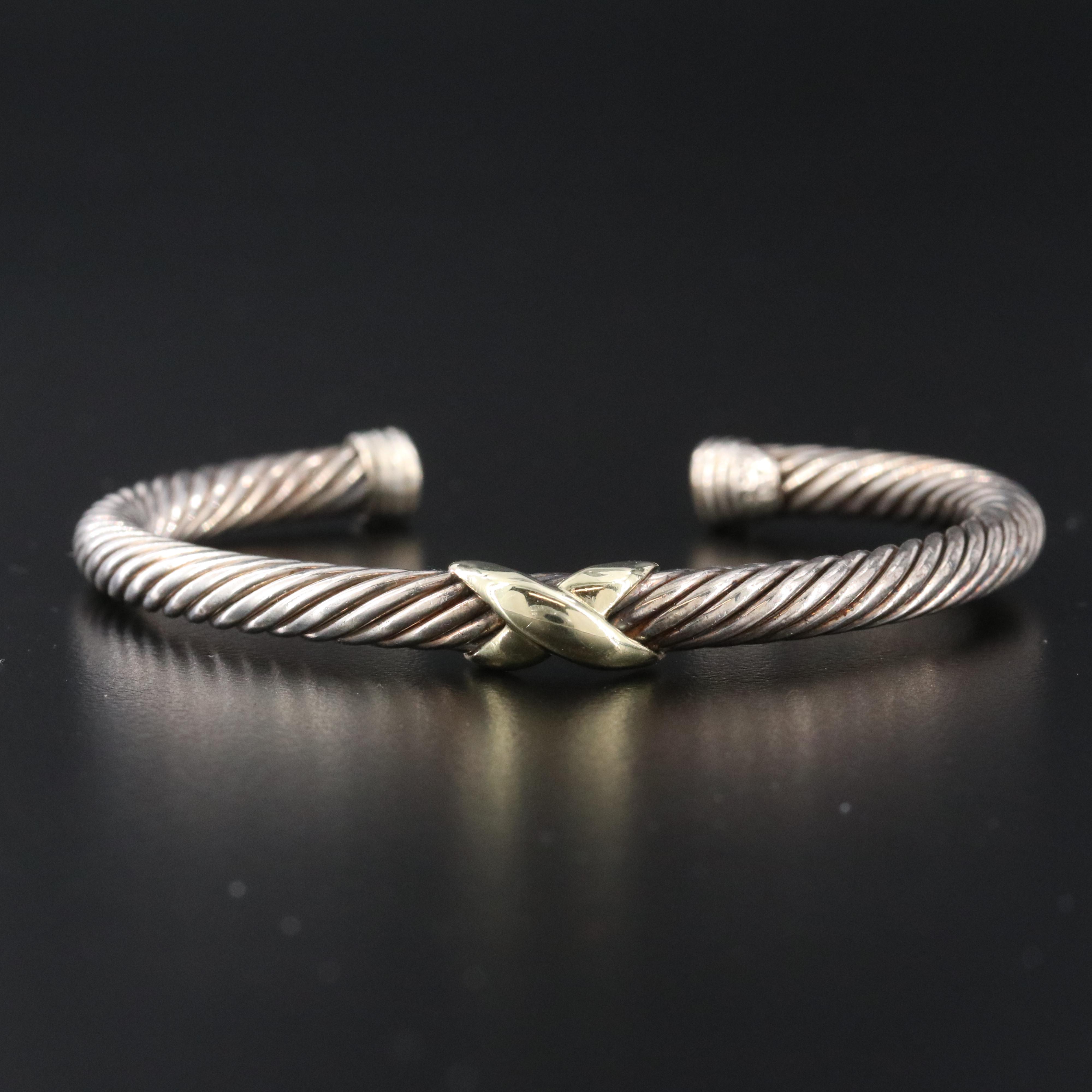 David Yurman Sterling and 14K X Station Cable Cuff Bracelet
