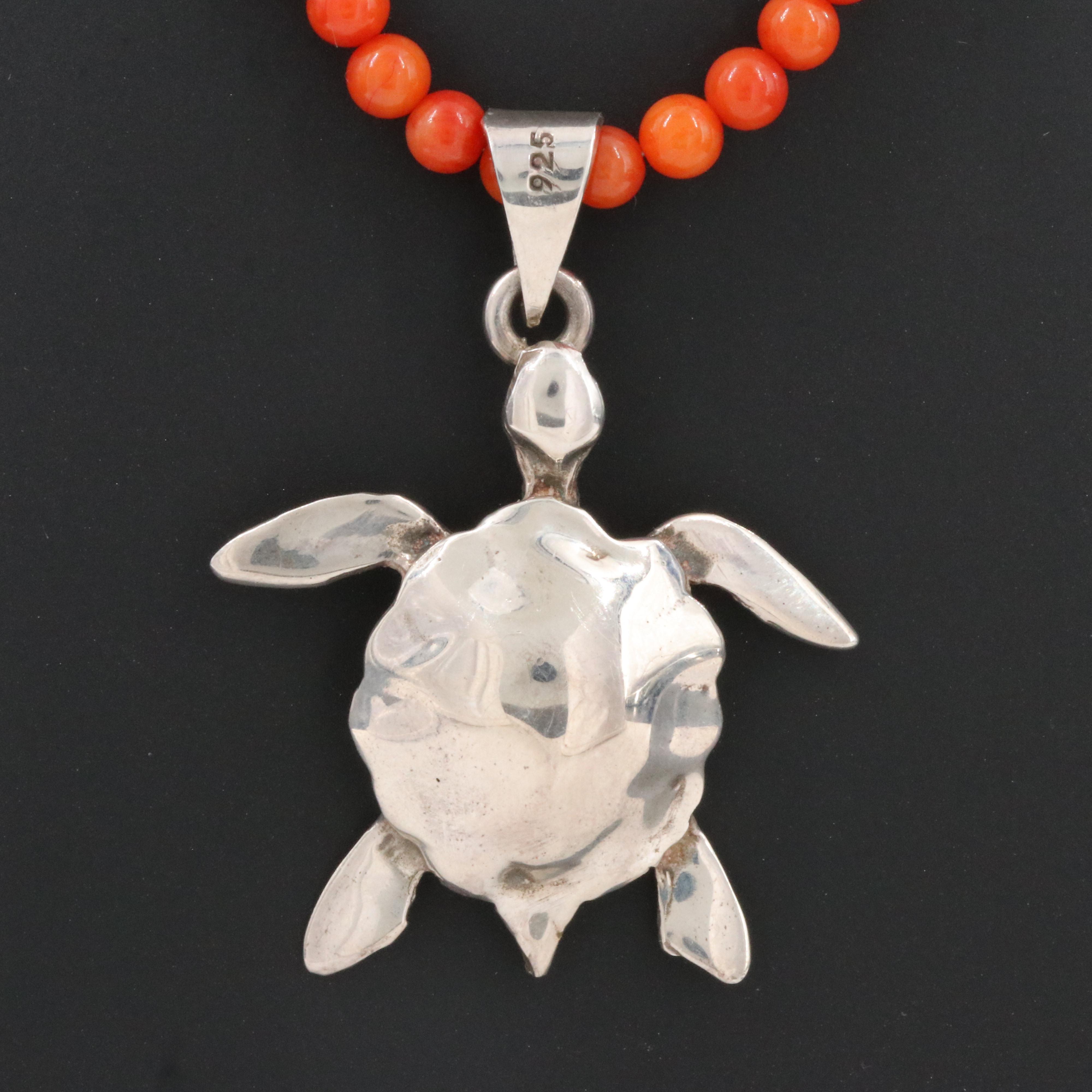 Sterling Turtle Pendant and Coral Necklace